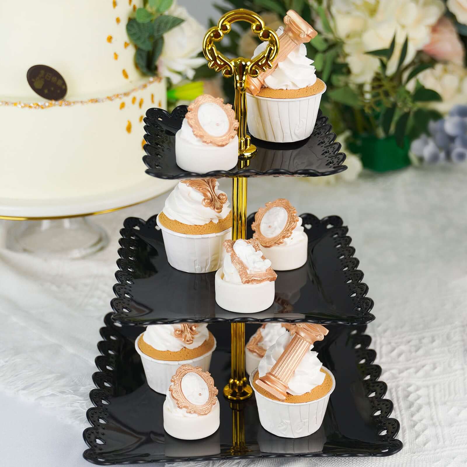 3-Tier Plastic Square Cupcake Stand Tower 13" Black Heart Wavy Edge & Gold Top Handle - Lightweight Easy to Assemble Dessert Display Serving Tray Platter for Weddings & Parties - Image 11