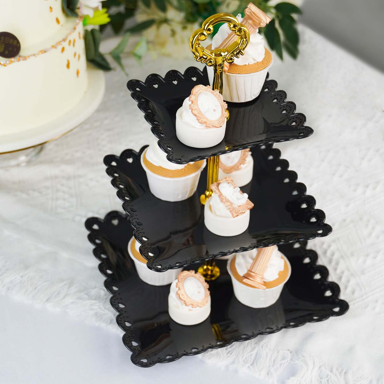 3-Tier Plastic Square Cupcake Stand Tower 13" Black Heart Wavy Edge & Gold Top Handle - Lightweight Easy to Assemble Dessert Display Serving Tray Platter for Weddings & Parties - Image 13