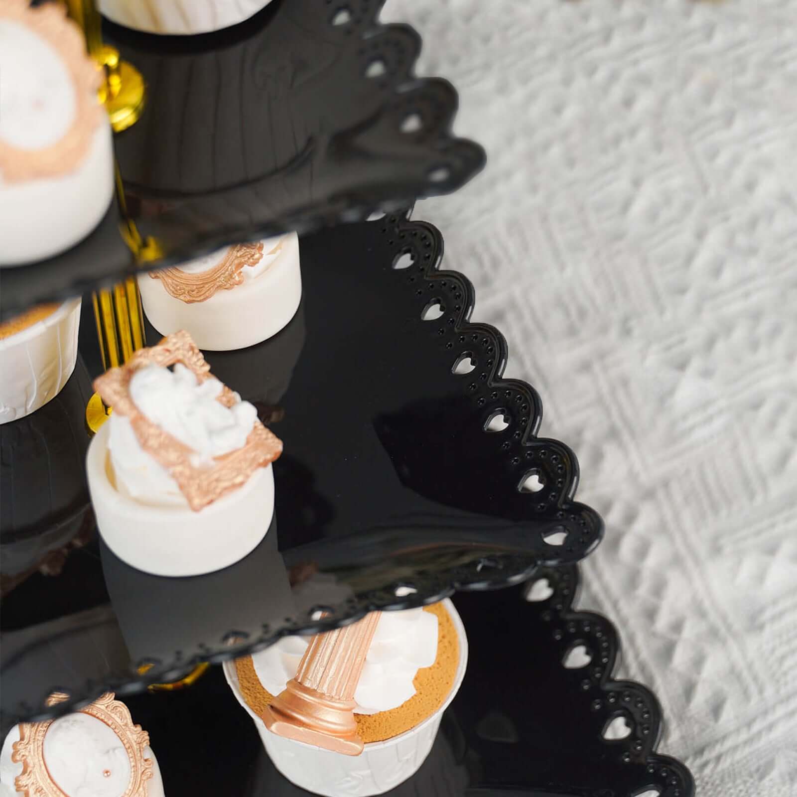 3-Tier Plastic Square Cupcake Stand Tower 13" Black Heart Wavy Edge & Gold Top Handle - Lightweight Easy to Assemble Dessert Display Serving Tray Platter for Weddings & Parties - Image 14