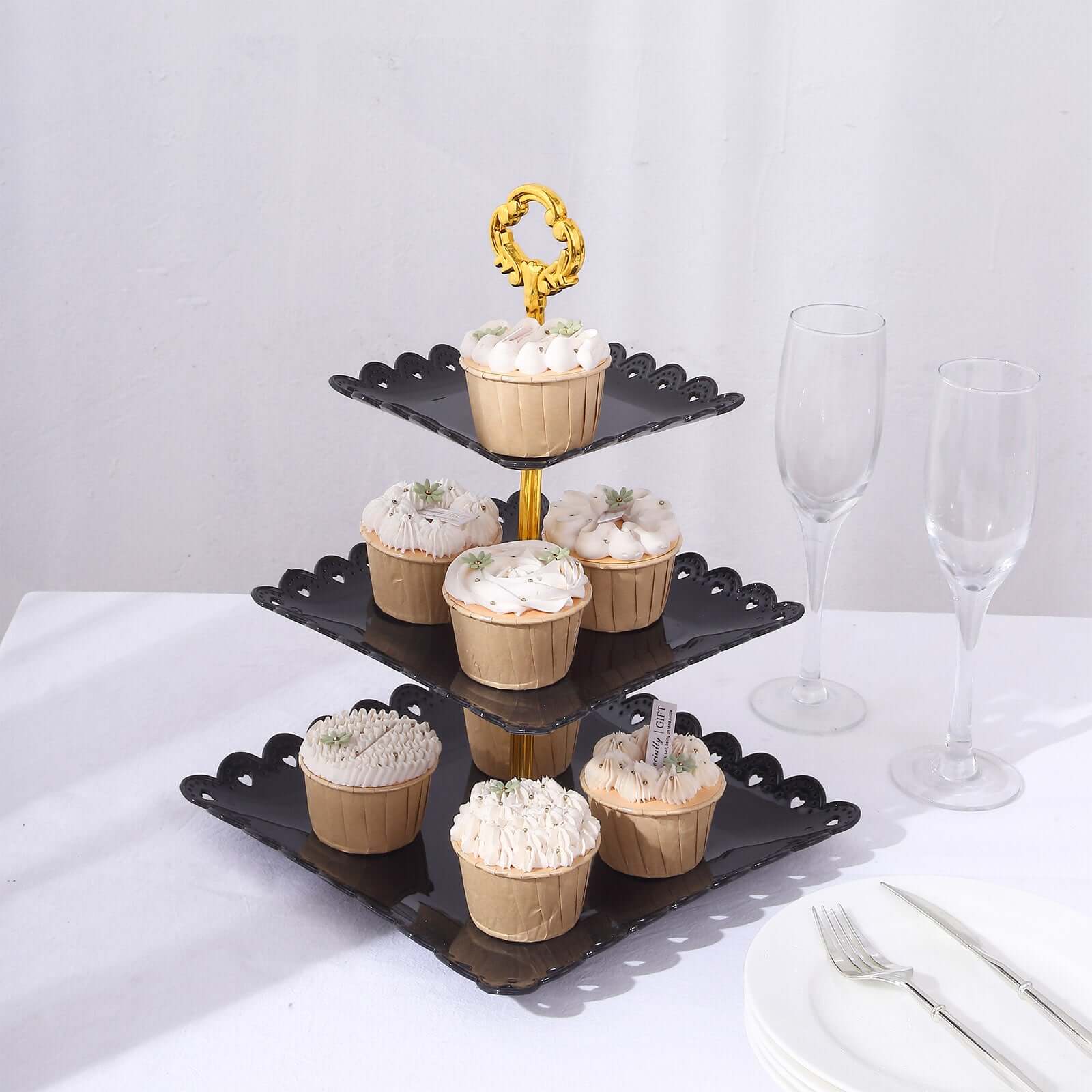 3-Tier Plastic Square Cupcake Stand Tower 13" Black Heart Wavy Edge & Gold Top Handle - Lightweight Easy to Assemble Dessert Display Serving Tray Platter for Weddings & Parties - Image 2