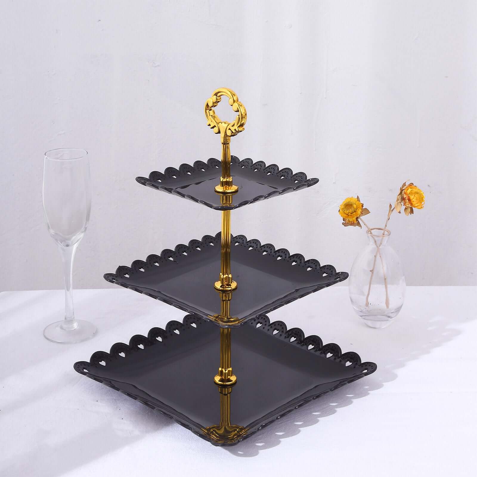 3-Tier Plastic Square Cupcake Stand Tower 13" Black Heart Wavy Edge & Gold Top Handle - Lightweight Easy to Assemble Dessert Display Serving Tray Platter for Weddings & Parties - Image 6
