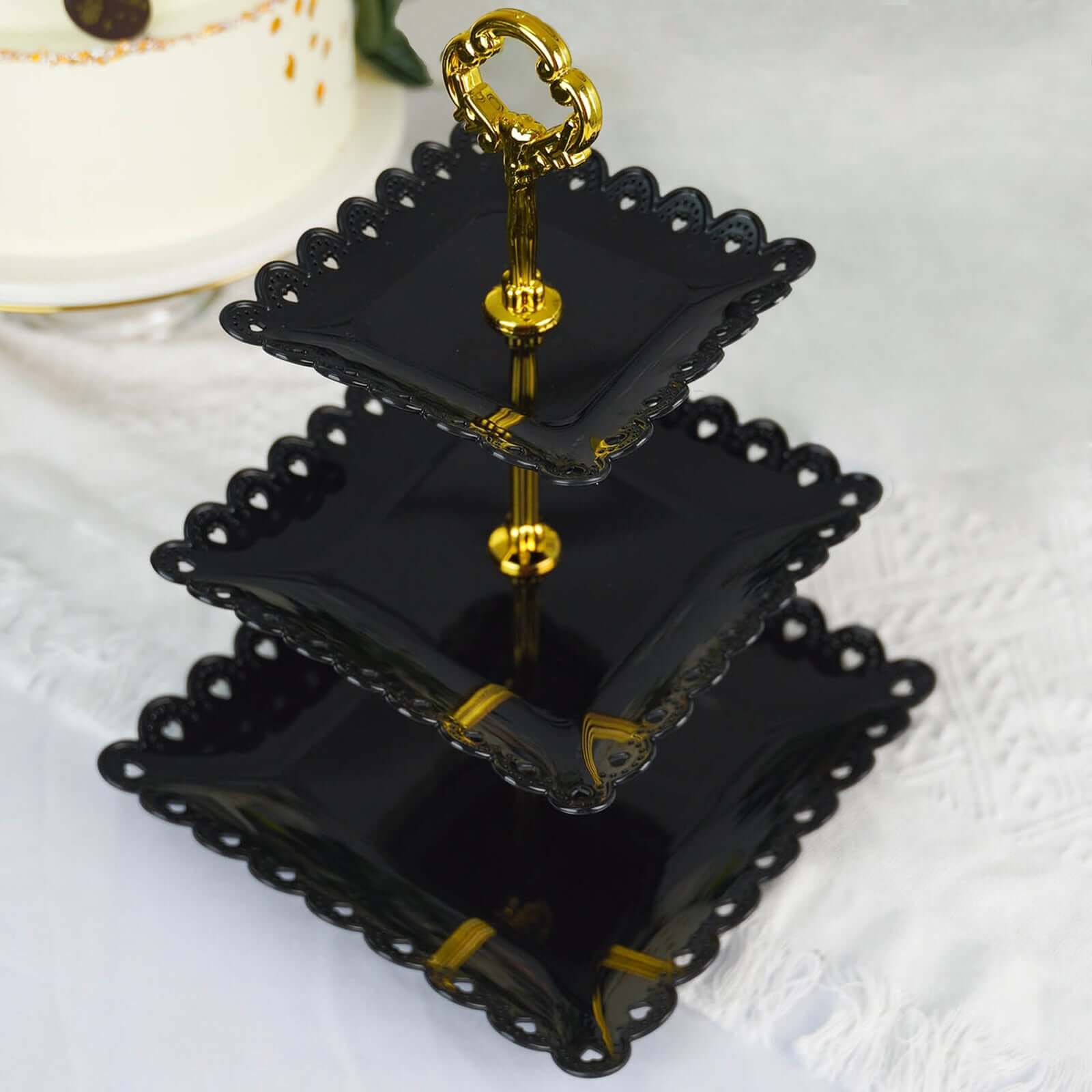 3-Tier Plastic Square Cupcake Stand Tower 13" Black Heart Wavy Edge & Gold Top Handle - Lightweight Easy to Assemble Dessert Display Serving Tray Platter for Weddings & Parties - Image 8
