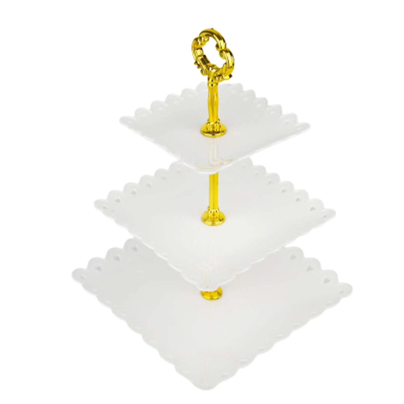 3-Tier Plastic Square Cupcake Stand Tower 13" White Heart Wavy Edge & Gold Top Handle - Lightweight Easy to Assemble Dessert Display Serving Tray Platter for Weddings & Parties - Image 17