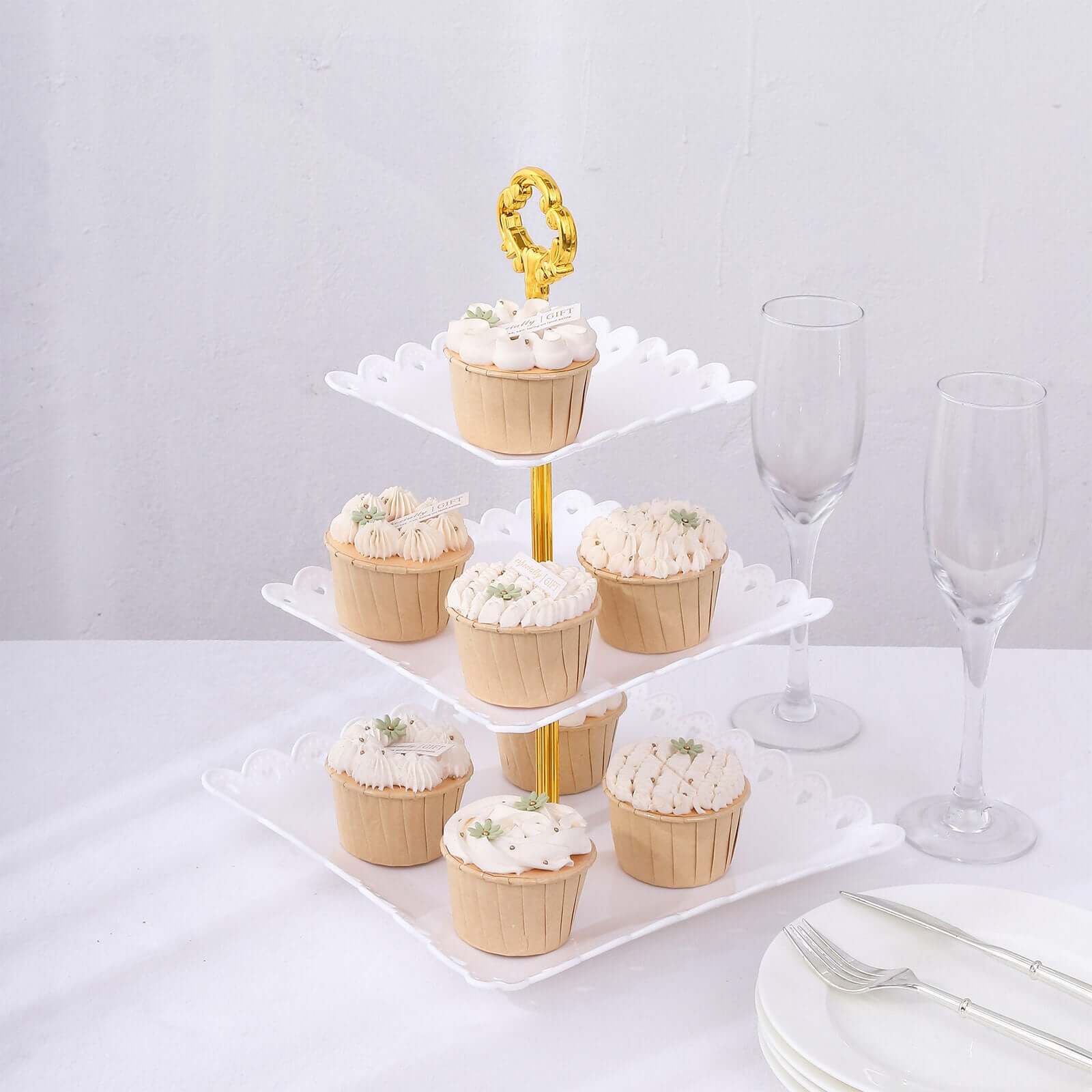 3-Tier Plastic Square Cupcake Stand Tower 13" White Heart Wavy Edge & Gold Top Handle - Lightweight Easy to Assemble Dessert Display Serving Tray Platter for Weddings & Parties - Image 2