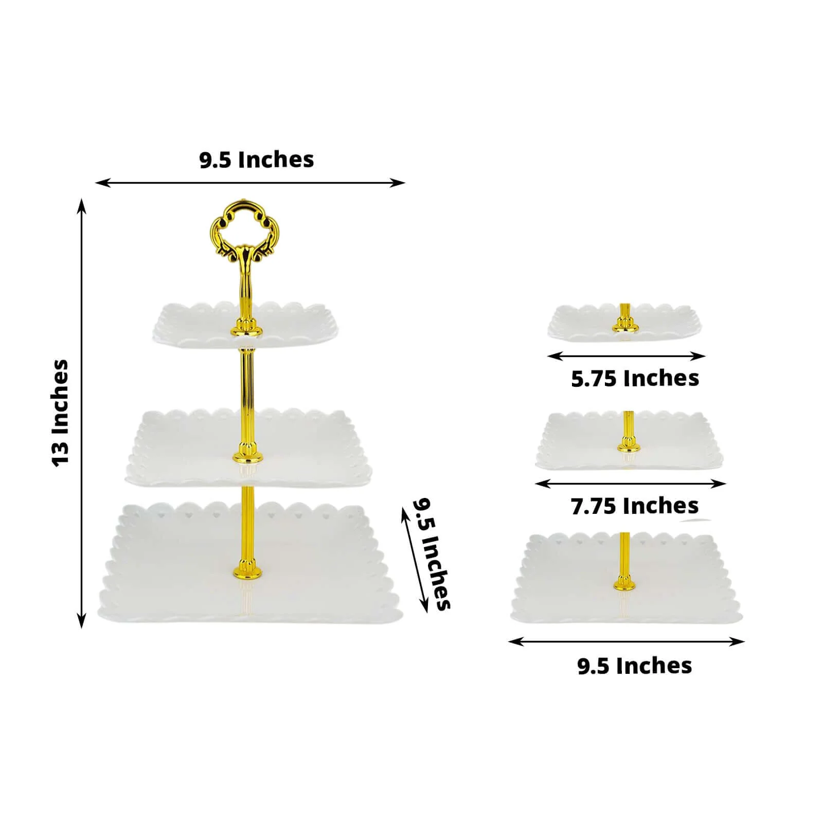 3-Tier Plastic Square Cupcake Stand Tower 13" White Heart Wavy Edge & Gold Top Handle - Lightweight Easy to Assemble Dessert Display Serving Tray Platter for Weddings & Parties - Image 3