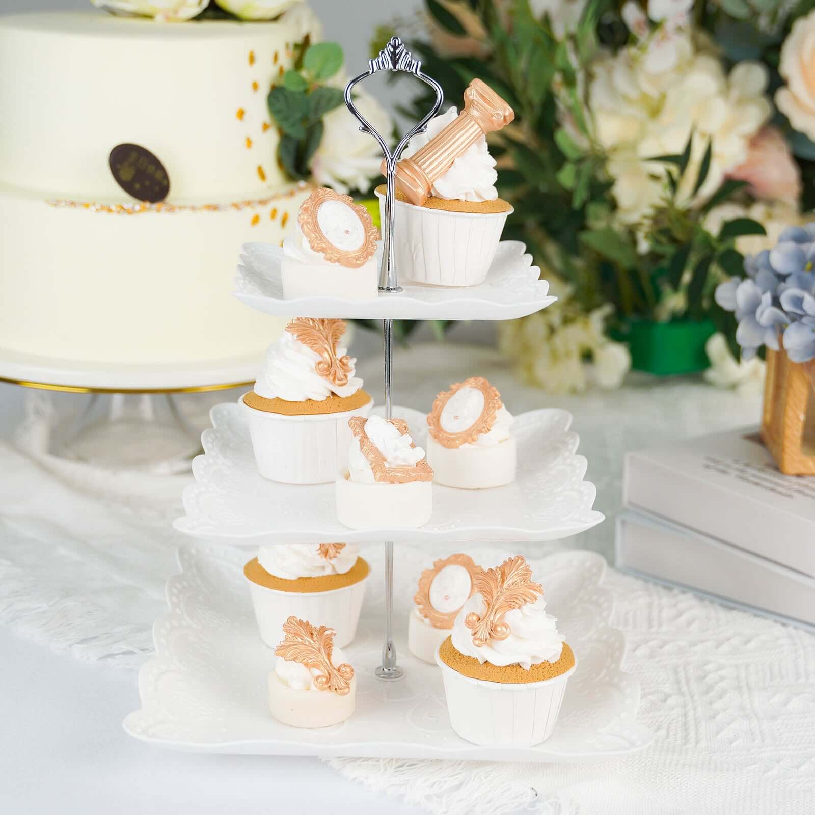 3-Tier Plastic Square Cupcake Stand Tower 13" White with Floral Embossed Scalloped Rim & Silver Handle - Lightweight Disposable Dessert Display Serving Tray Platter for Weddings & Parties - Image 2