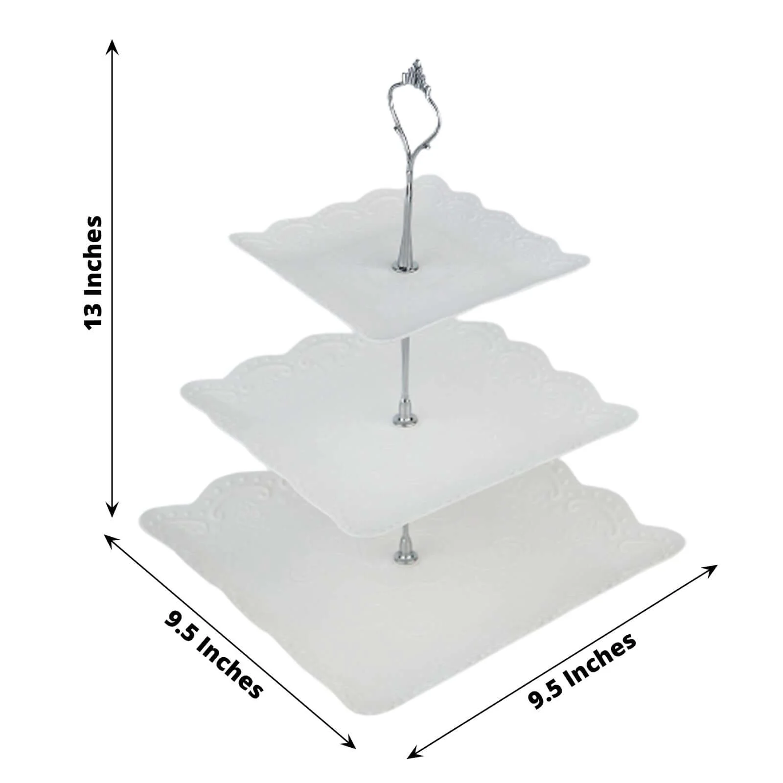 3-Tier Plastic Square Cupcake Stand Tower 13" White with Floral Embossed Scalloped Rim & Silver Handle - Lightweight Disposable Dessert Display Serving Tray Platter for Weddings & Parties - Image 3