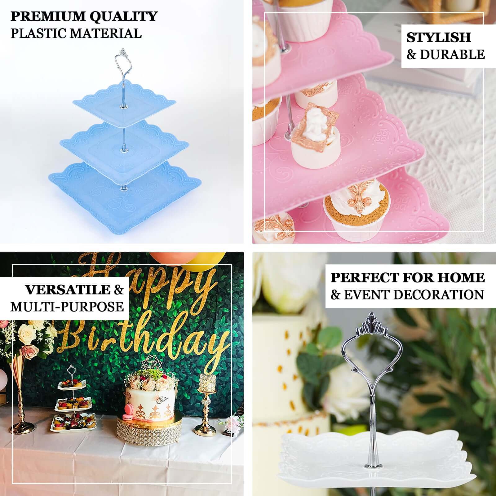 3-Tier Plastic Square Cupcake Stand Tower 13" White with Floral Embossed Scalloped Rim & Silver Handle - Lightweight Disposable Dessert Display Serving Tray Platter for Weddings & Parties - Image 4