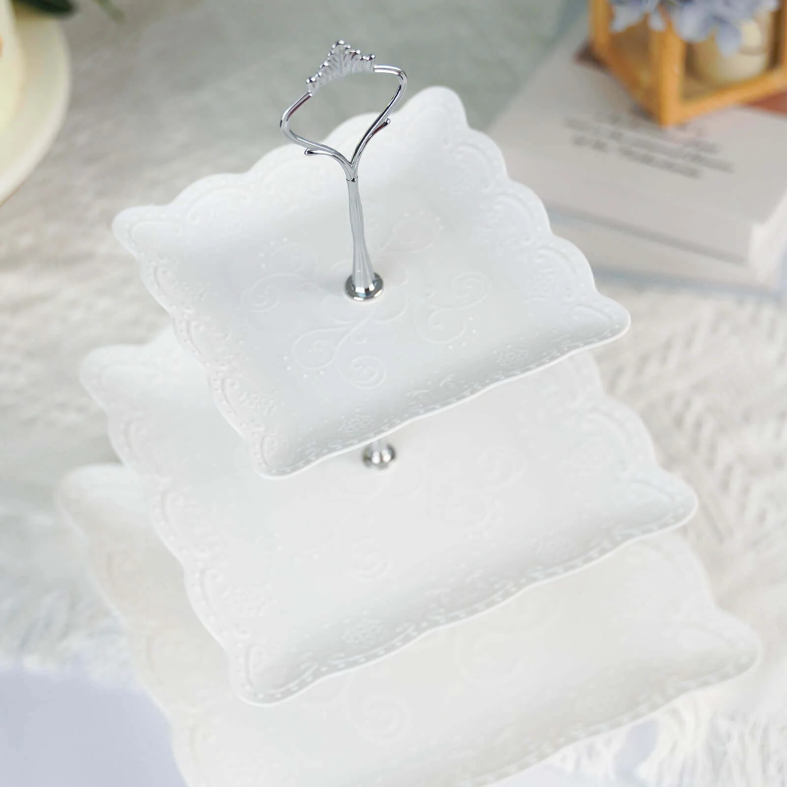 3-Tier Plastic Square Cupcake Stand Tower 13" White with Floral Embossed Scalloped Rim & Silver Handle - Lightweight Disposable Dessert Display Serving Tray Platter for Weddings & Parties - Image 6