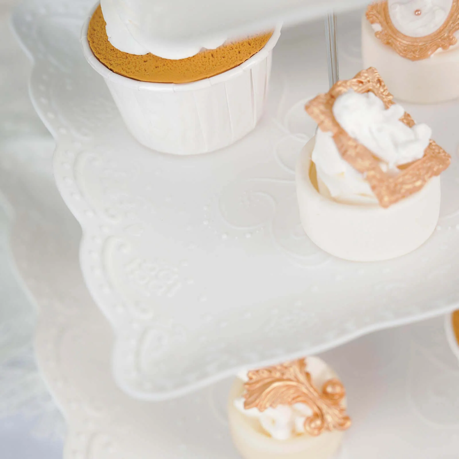 3-Tier Plastic Square Cupcake Stand Tower 13" White with Floral Embossed Scalloped Rim & Silver Handle - Lightweight Disposable Dessert Display Serving Tray Platter for Weddings & Parties - Image 7