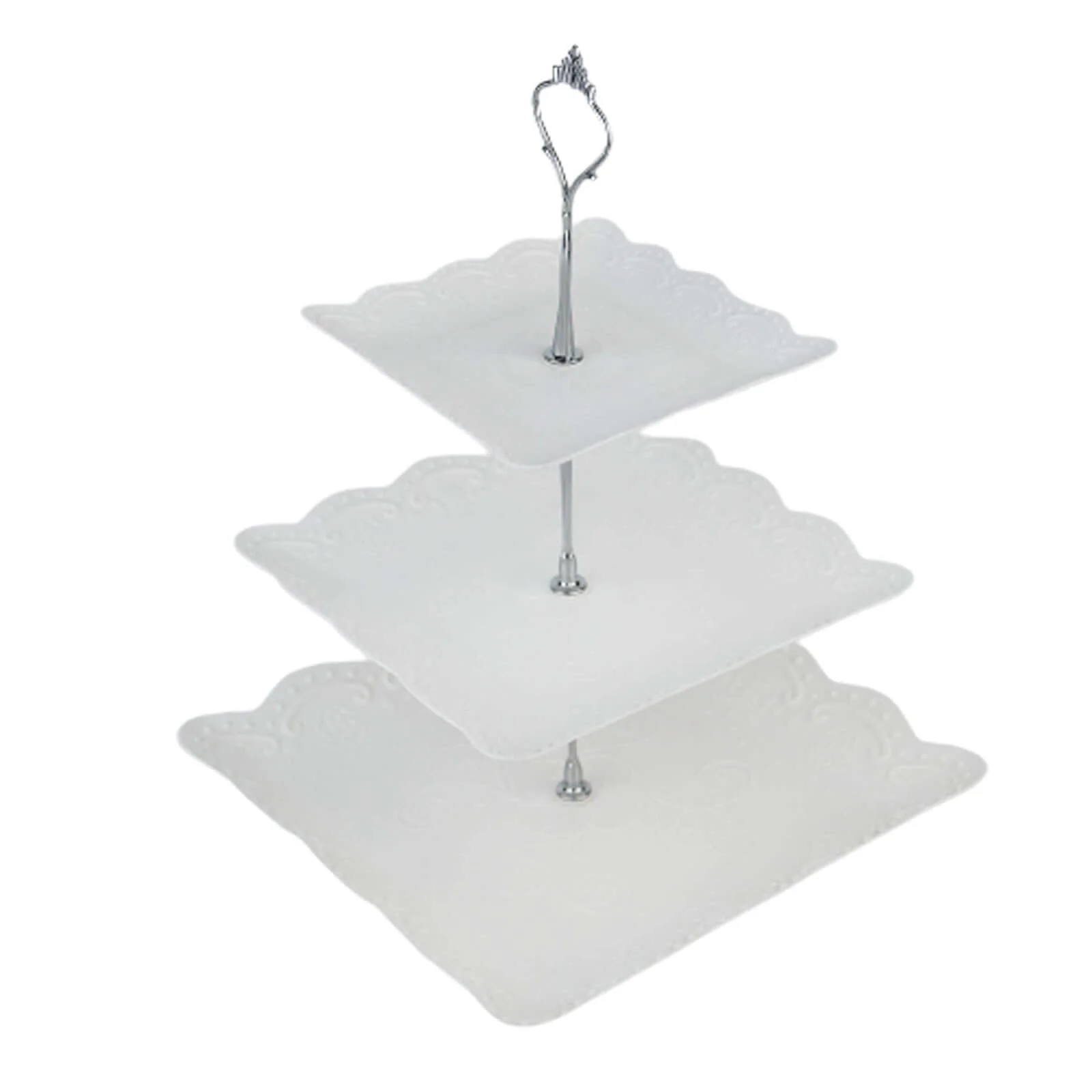 3-Tier Plastic Square Cupcake Stand Tower 13" White with Floral Embossed Scalloped Rim & Silver Handle - Lightweight Disposable Dessert Display Serving Tray Platter for Weddings & Parties - Image 8