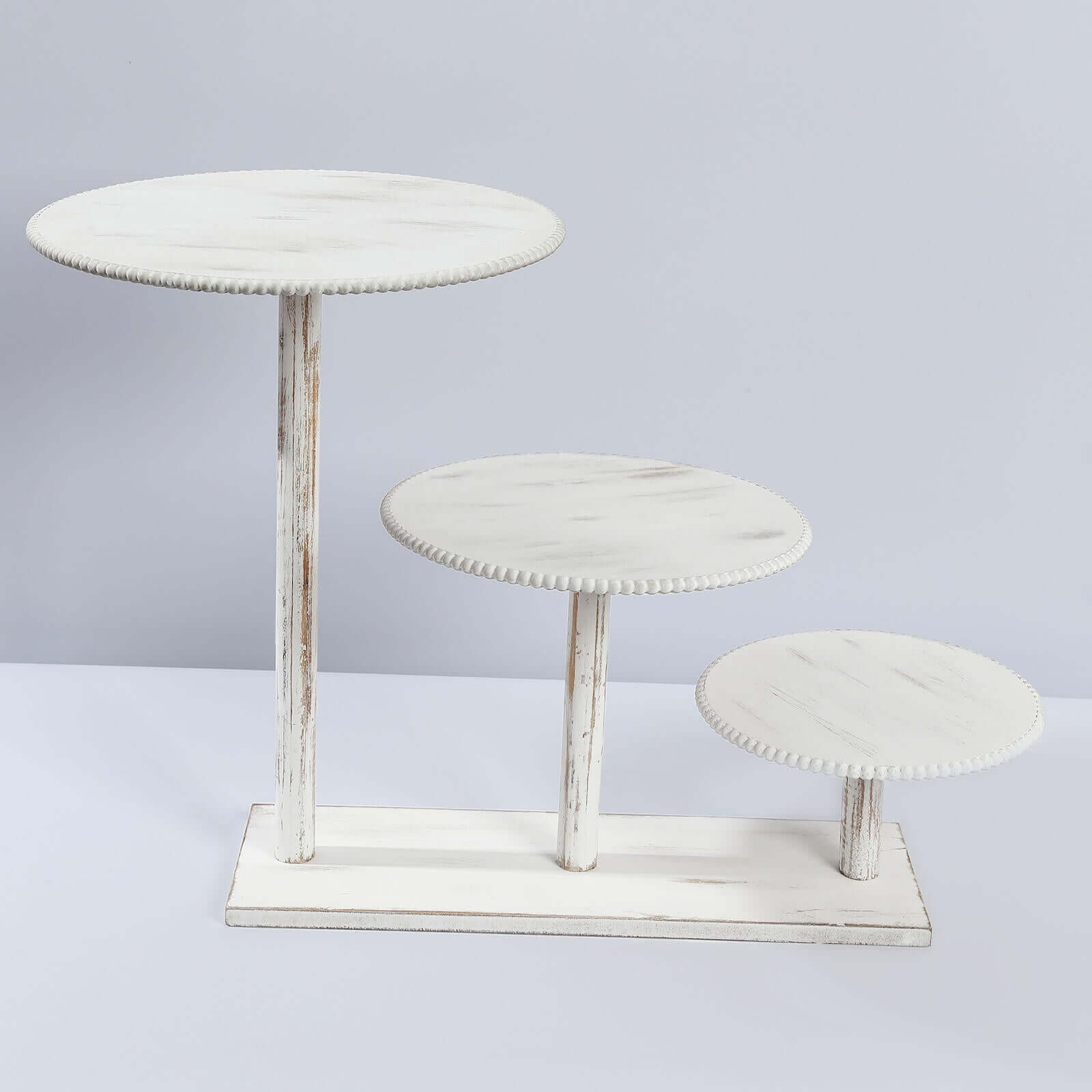 3-Tier Wooden Cake Stand 24"x16" Whitewash with Round Beaded Rim Trays - Rustic Cupcake Tower Dessert Display - Image 2