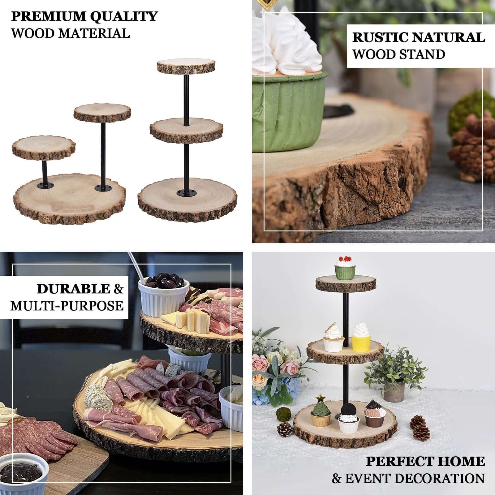 3-Tier Wooden Cheese Board Stand 14" Natural Wood Slice Design - Rustic Cupcake Centerpiece with Assembly Tools - Image 4