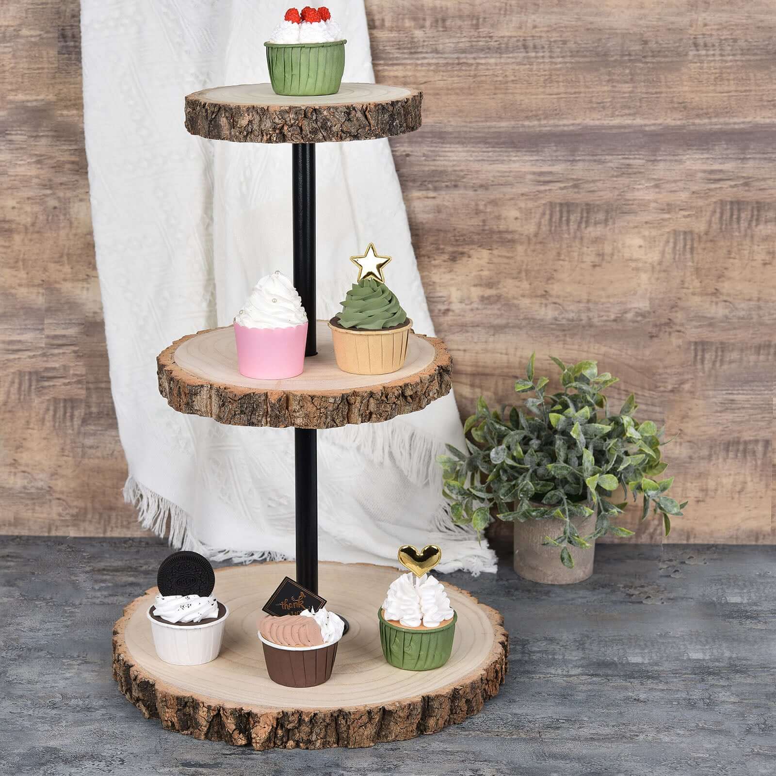 3-Tier Wooden Cheese Board Stand 19" Tower Design Natural Wood Slice - Rustic Cupcake Centerpiece with Assembly Tools - Image 8