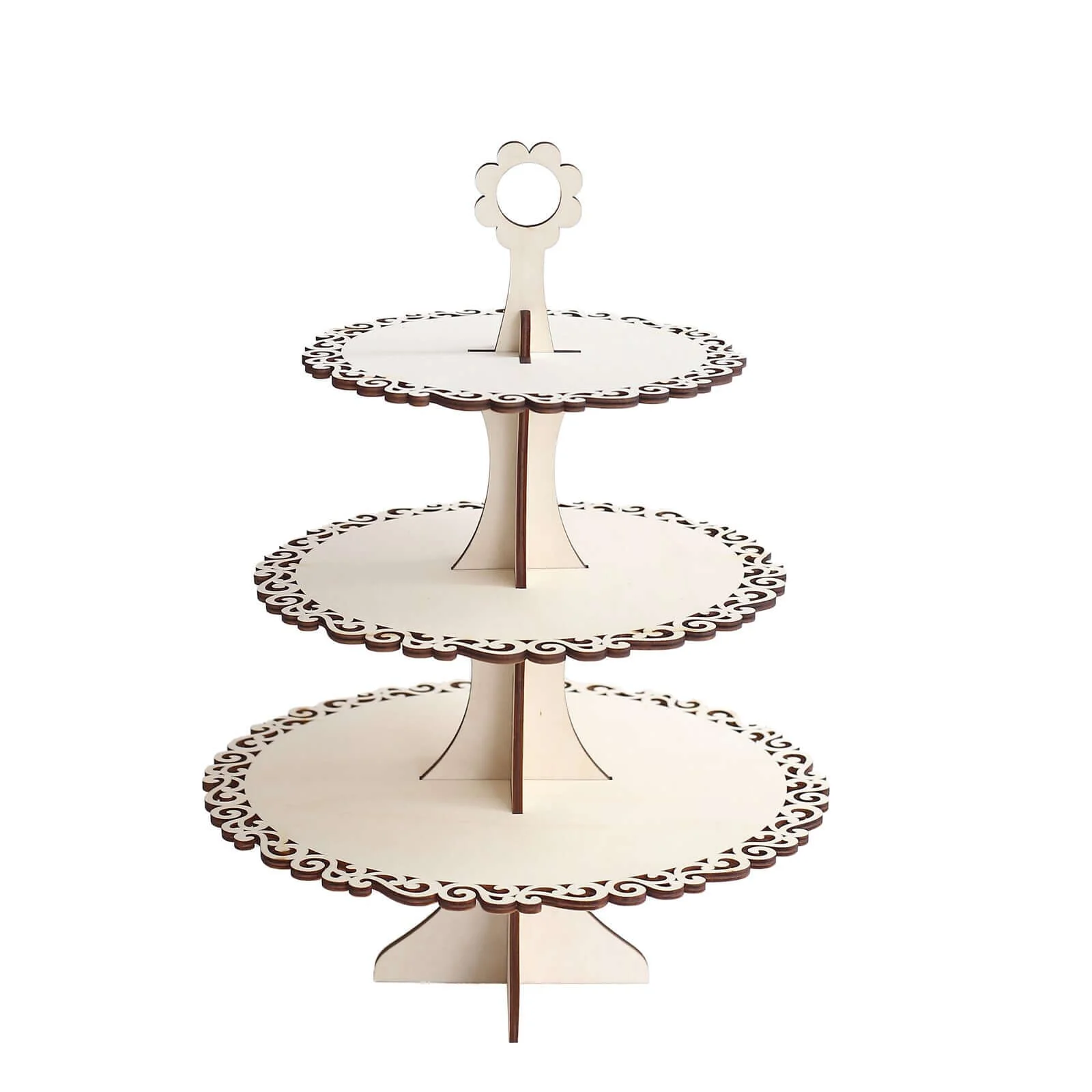 3-Tier Wooden Cupcake Stand 16" Floral Edge Design Natural - Rustic Round Dessert Display Table Centerpiece - Image 7