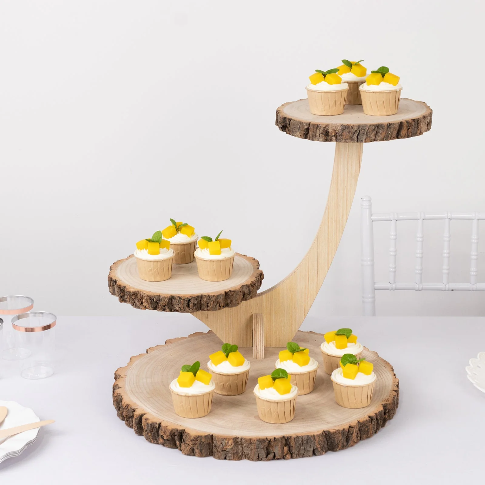 3-Tier Wooden Cupcake Stand 17" Rustic Natural Wood Slice with Tree Branch Style - Farmhouse Dessert Display Cake Holder - Image 3