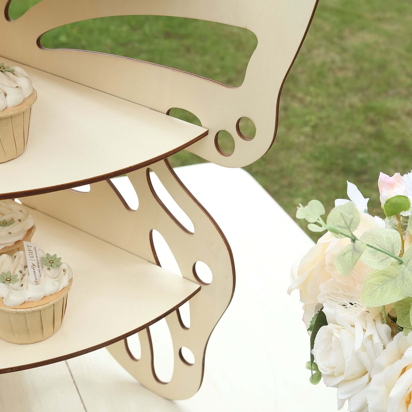 3-Tier Wooden Cupcake Stand 24" Butterfly Design Natural - Rustic Dessert Display Shelf Rack - Image 10
