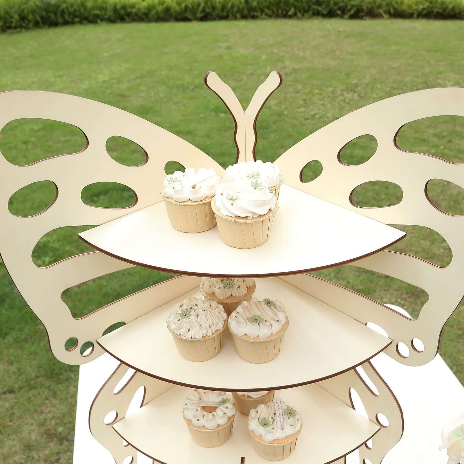 3-Tier Wooden Cupcake Stand 24" Butterfly Design Natural - Rustic Dessert Display Shelf Rack - Image 5