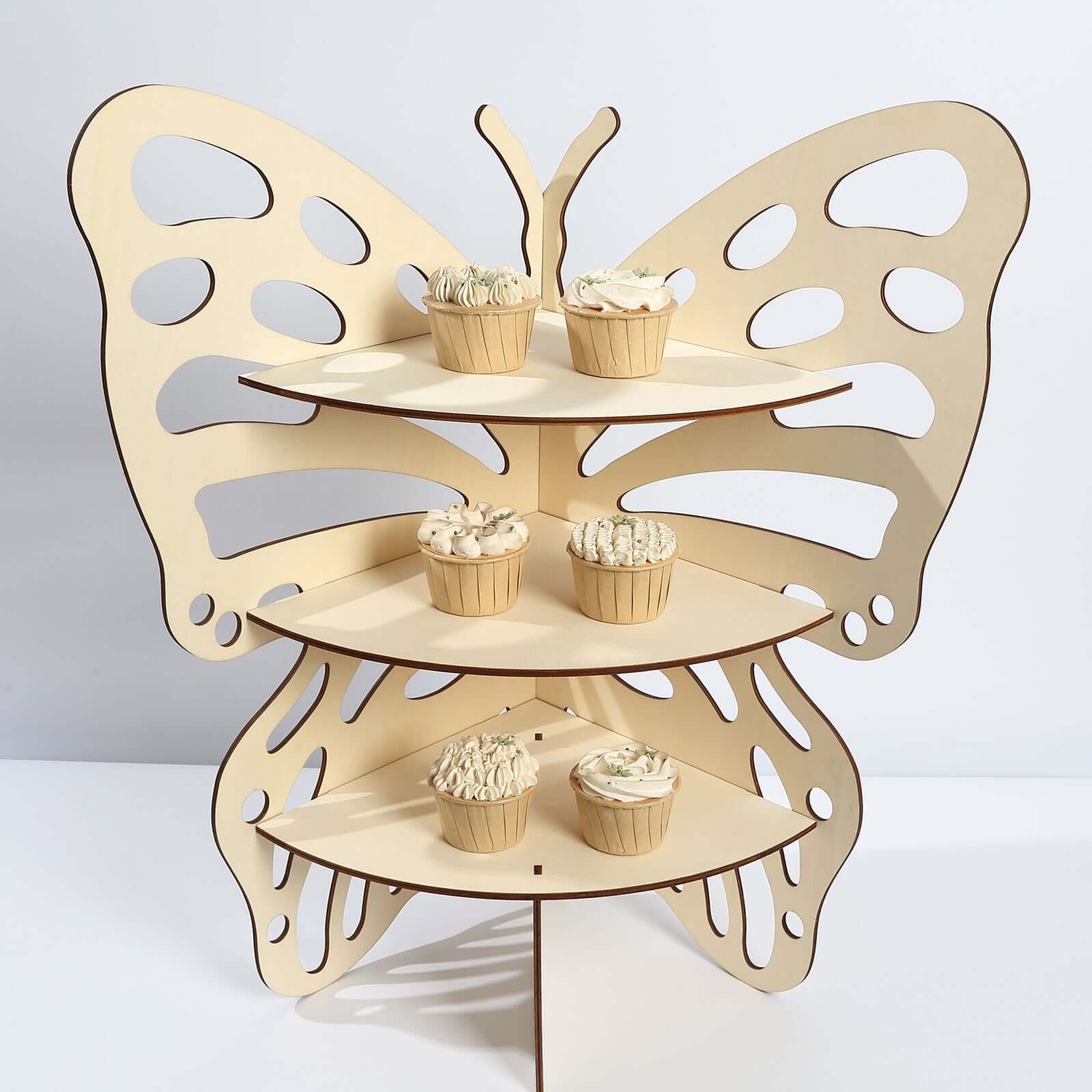 3-Tier Wooden Cupcake Stand 24" Butterfly Design Natural - Rustic Dessert Display Shelf Rack - Image 8