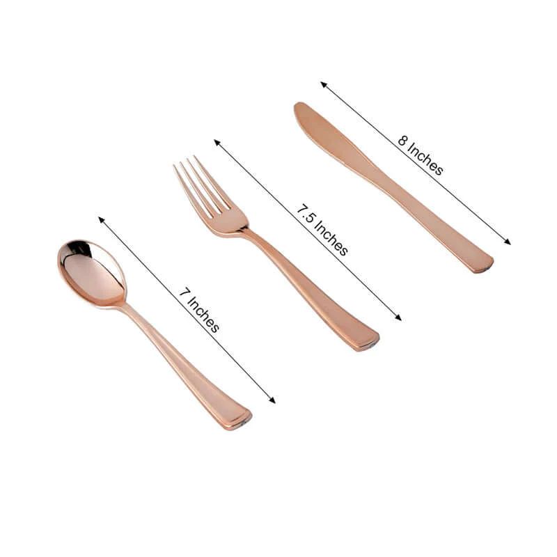 30-Pack Plastic Utensil Set 7", 8" Metallic Rose Gold Classic Heavy Duty - Disposable Silverware - Image 3