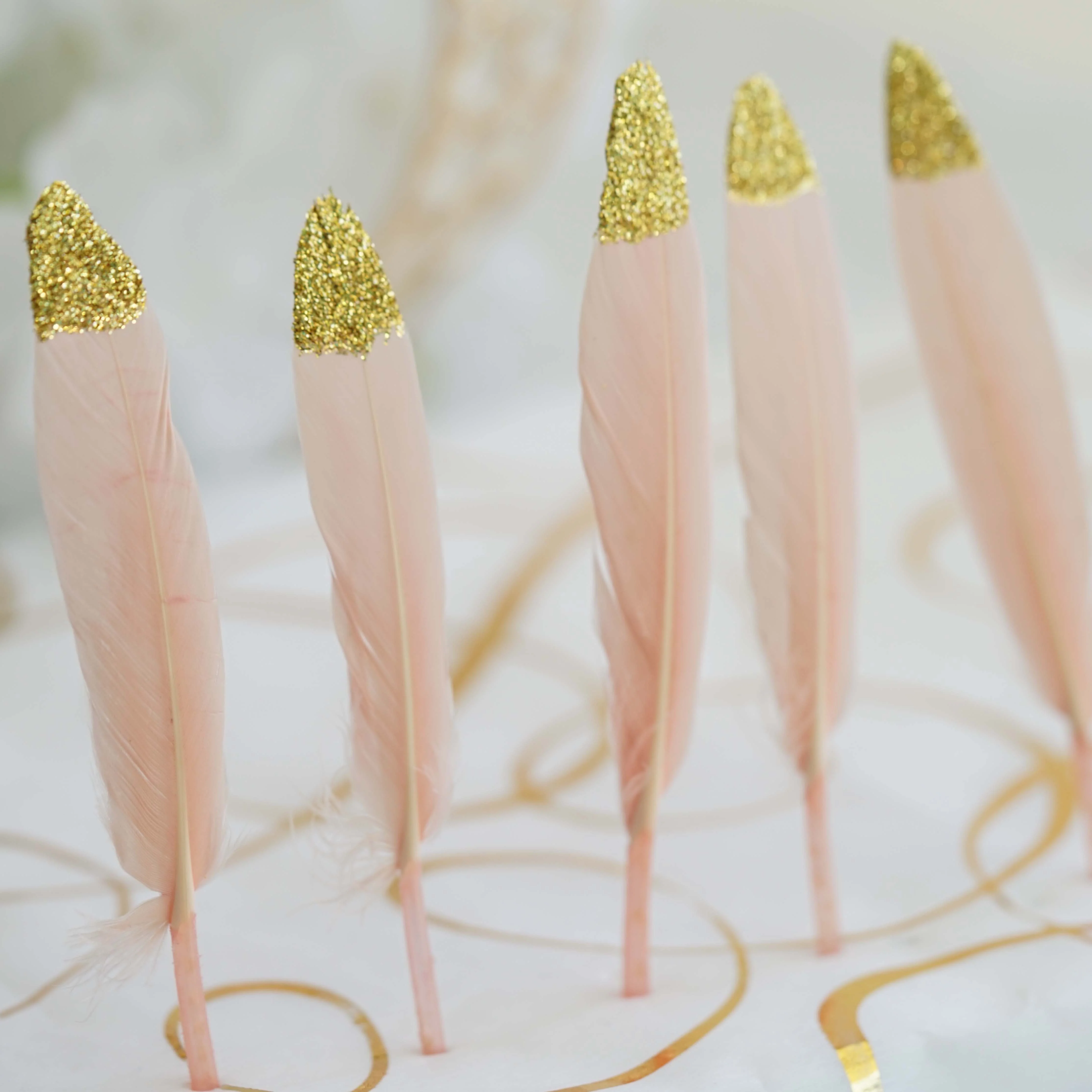 30-Pack Real Turkey Feathers Blush Glitter Gold Tip Design - Craft Feathers for Party Decorations and DIY Crafts - Image 2
