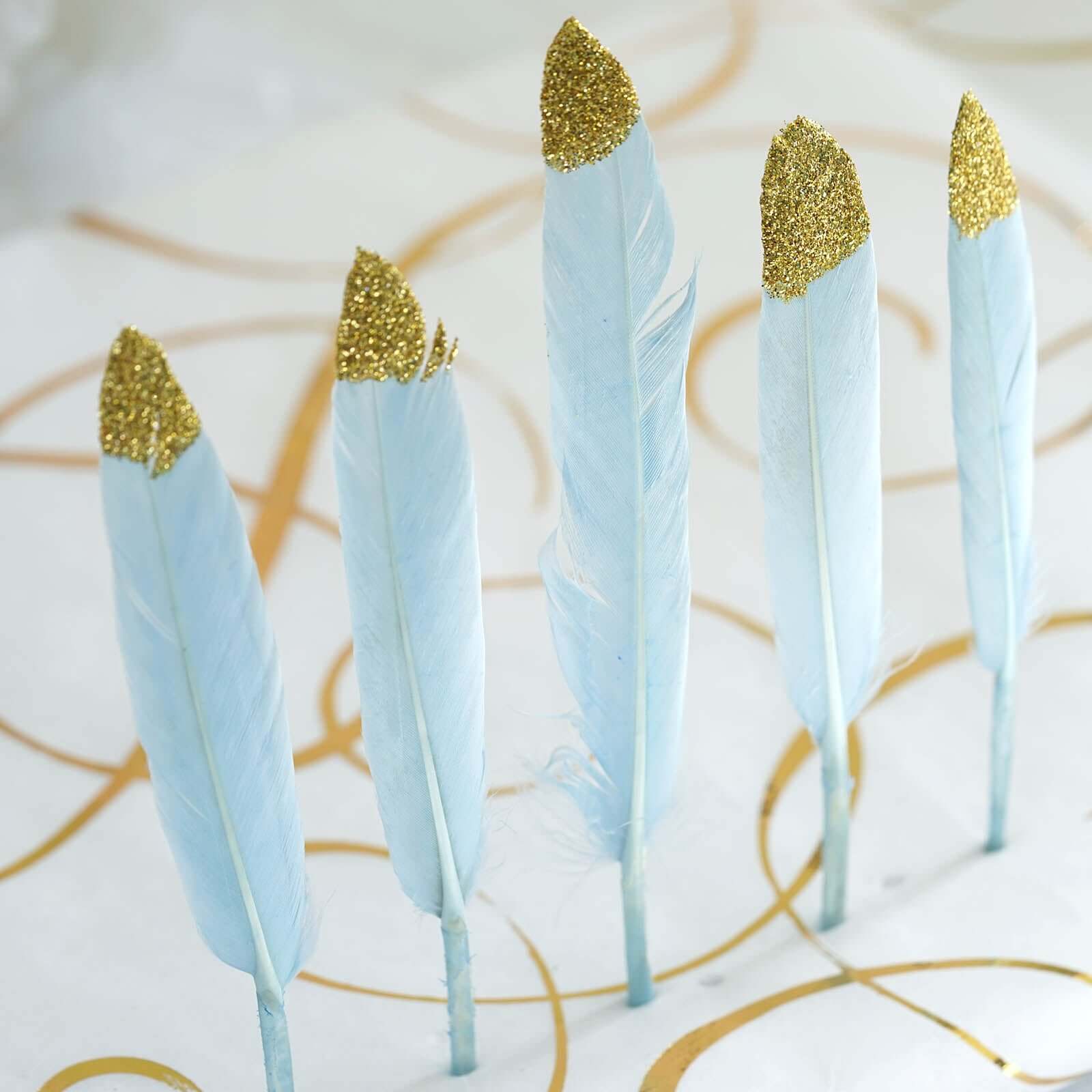 30-Pack Real Turkey Feathers Light Blue Glitter Gold Tip Design - Craft Feathers for Party Decorations and DIY Crafts - Image 6