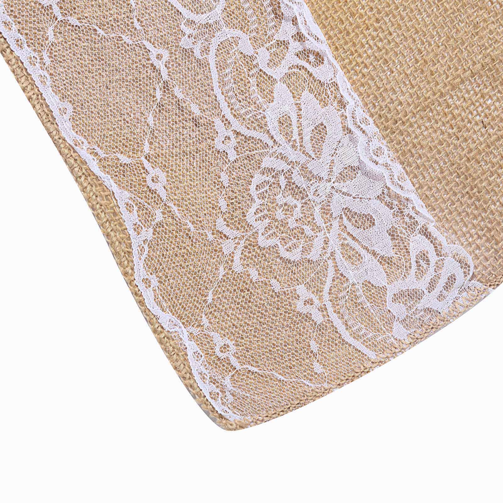 Natural Jute Burlap Aisle Runner with White Floral Lace Borders 30ft - Image 3