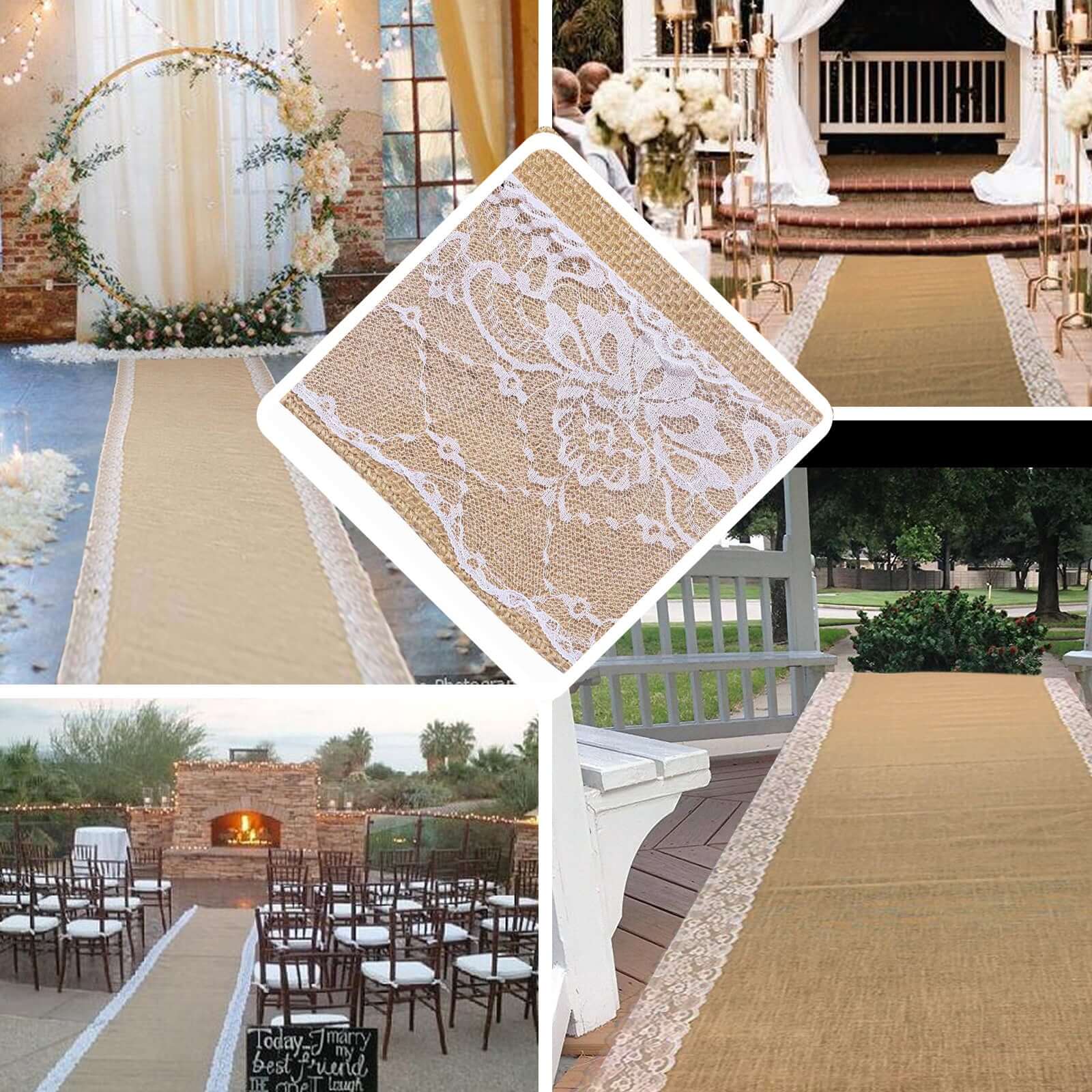 Natural Jute Burlap Aisle Runner with White Floral Lace Borders 30ft - Image 5