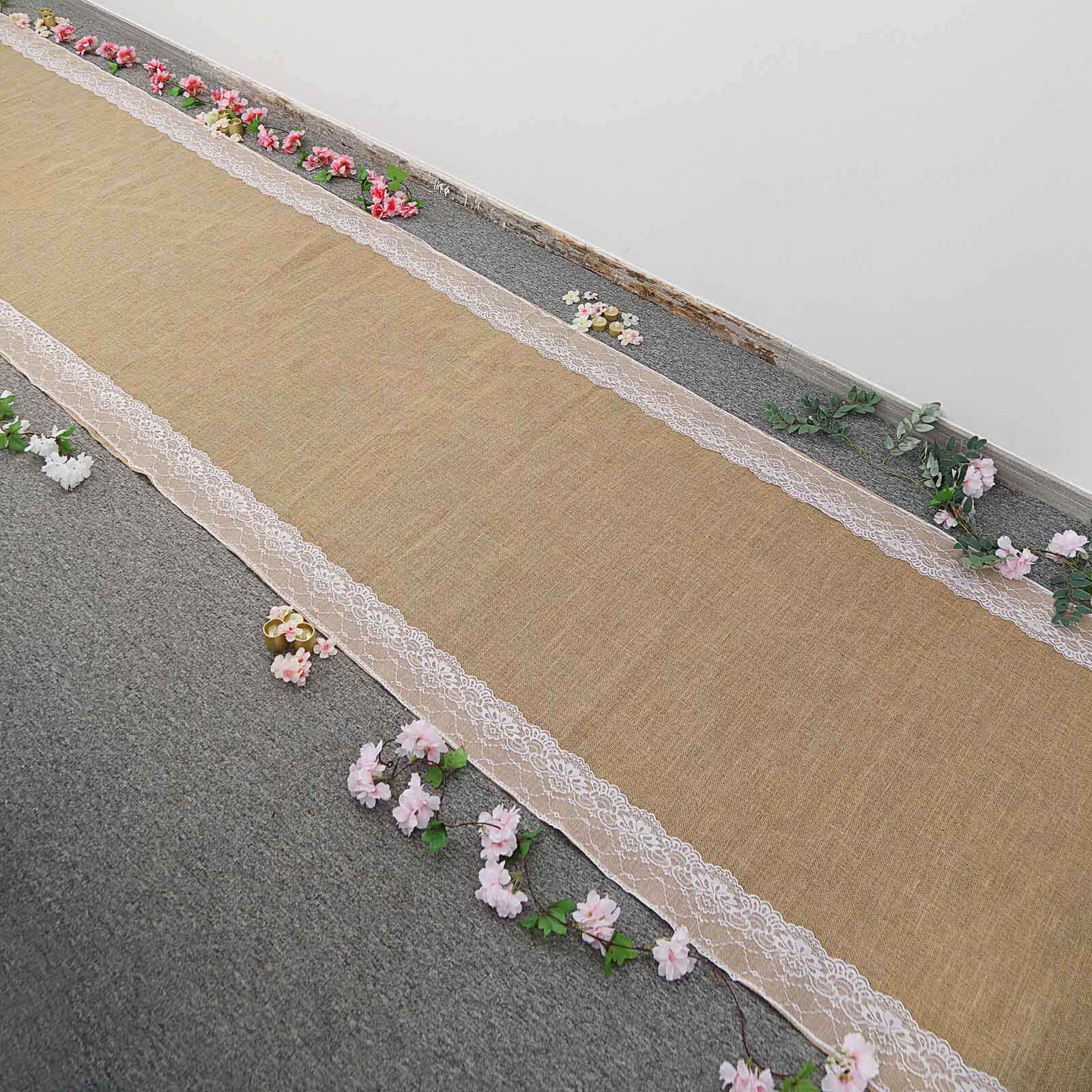 Natural Jute Burlap Aisle Runner with White Floral Lace Borders 30ft - Image 7