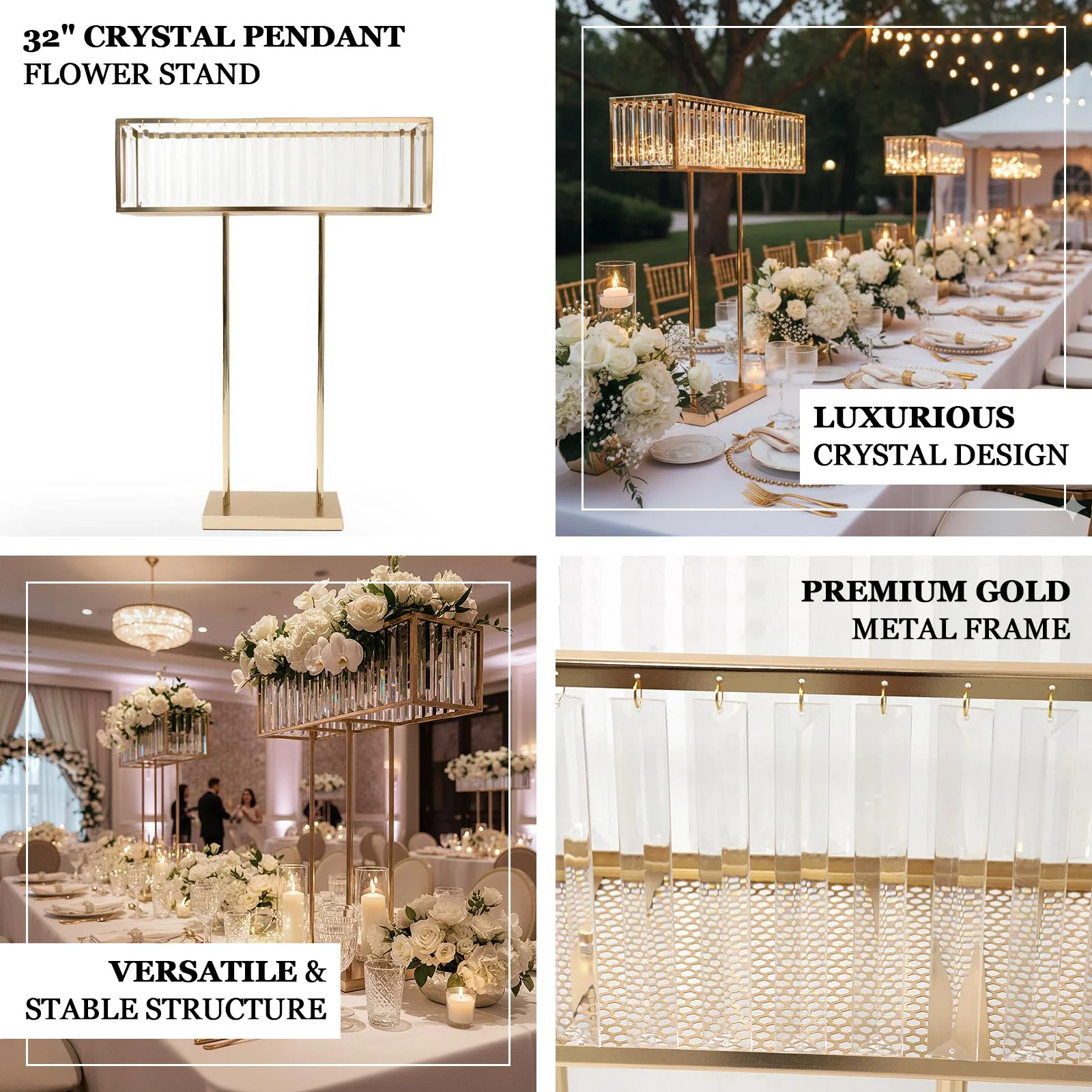 Crystal Pendant Flower Stand, Gold Metal Centerpiece Vase – 32" Tall Rectangular Display Rack - Image 4