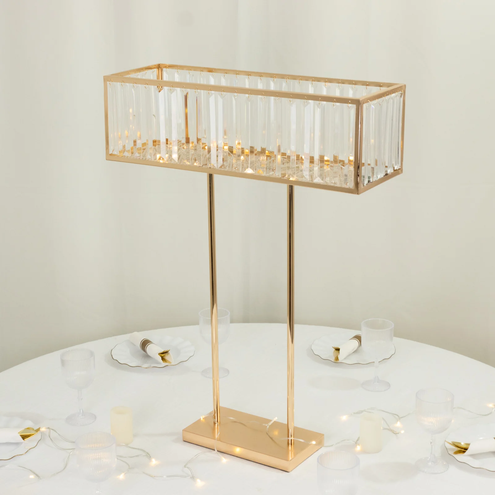 Crystal Pendant Flower Stand, Gold Metal Centerpiece Vase – 32" Tall Rectangular Display Rack - Image 7