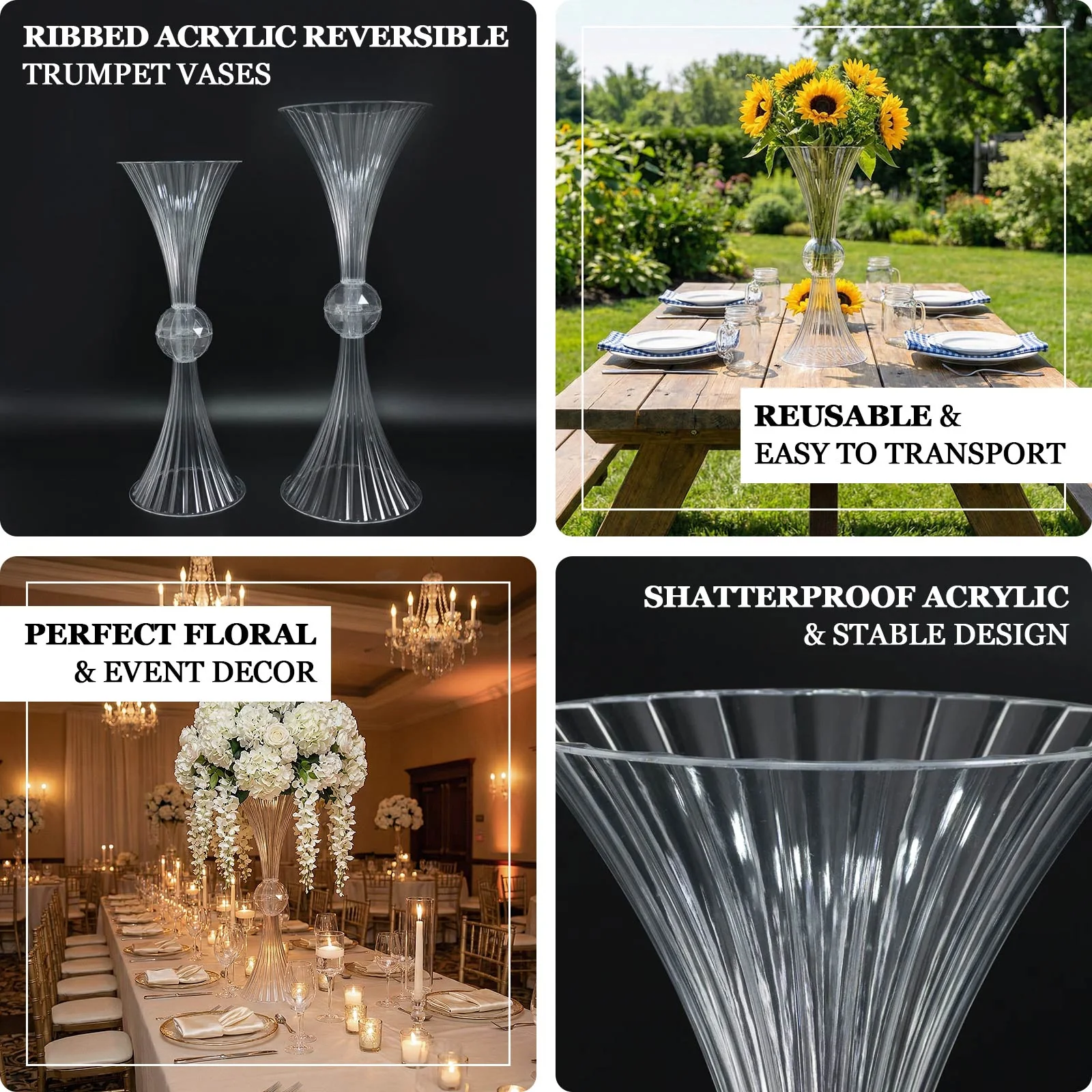 4 Pack Ribbed Acrylic Trumpet Vases – 32" Clear Reversible Flower Centerpiece with Crystal Ball Accent - Image 4