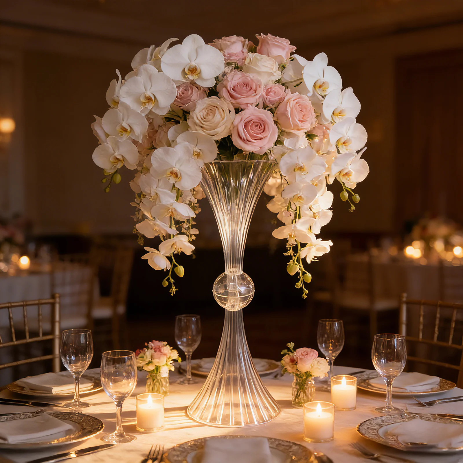 4 Pack Ribbed Acrylic Trumpet Vases – 32" Clear Reversible Flower Centerpiece with Crystal Ball Accent - Image 9