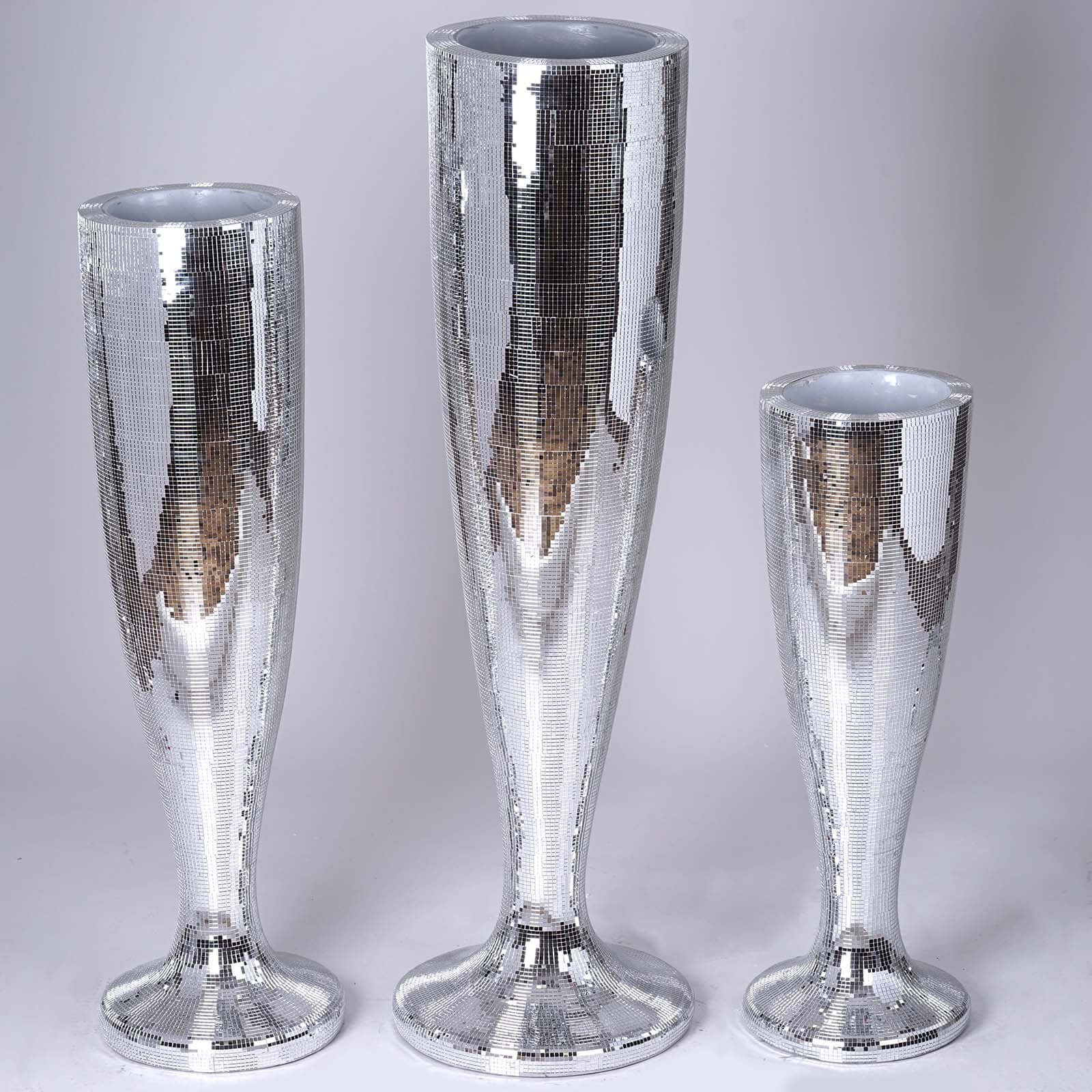 Silver Polystone Mirror Mosaic Pedestal Trumpet Floor Vase 32" Tall - Image 2