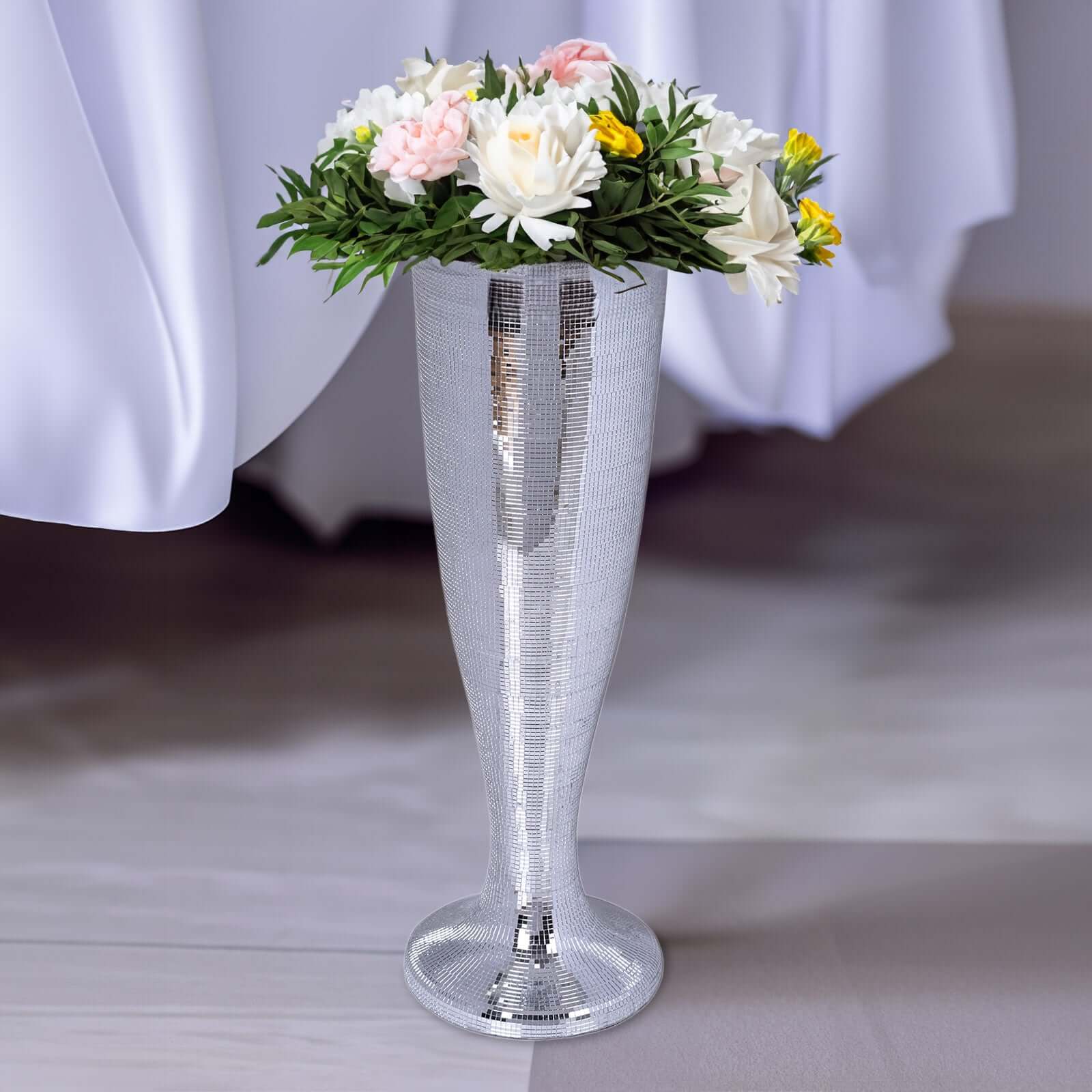 Silver Polystone Mirror Mosaic Pedestal Trumpet Floor Vase 32" Tall - Image 6