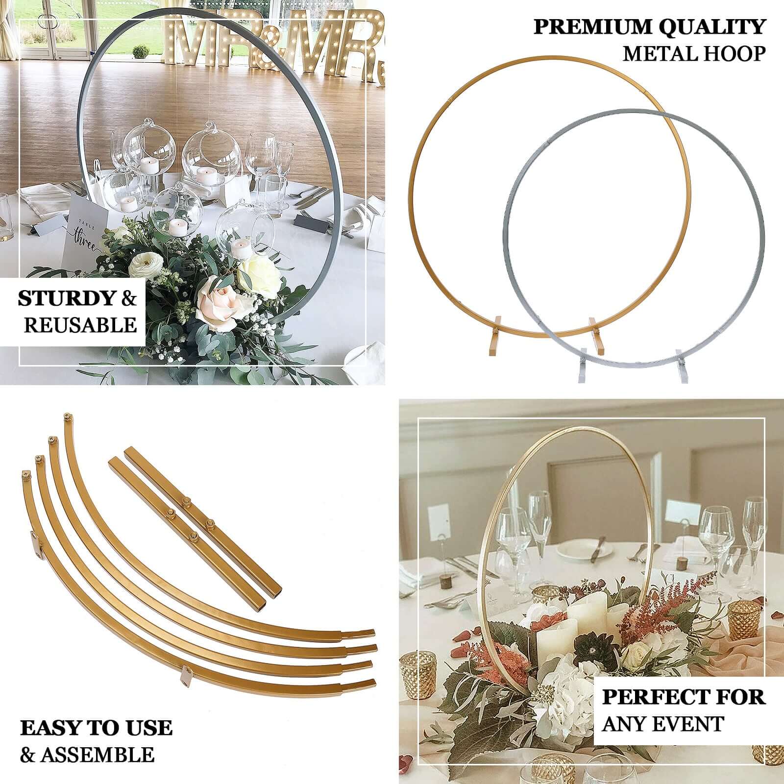 Gold Metal Round Hoop Wedding Centerpiece, Self Standing Table Floral Wreath Frame 36" - Image 4