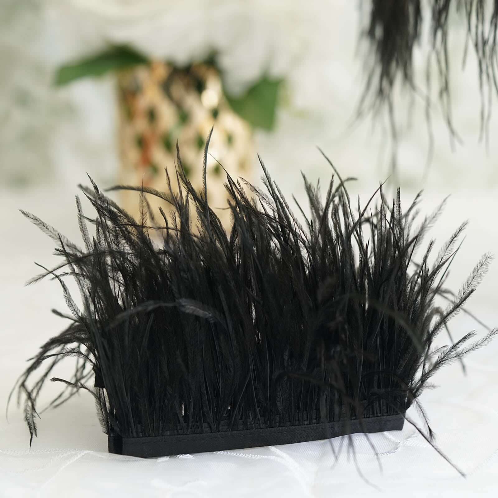 Black Real Ostrich Feather Fringe Trim With Satin Ribbon Tape 39" - Image 10
