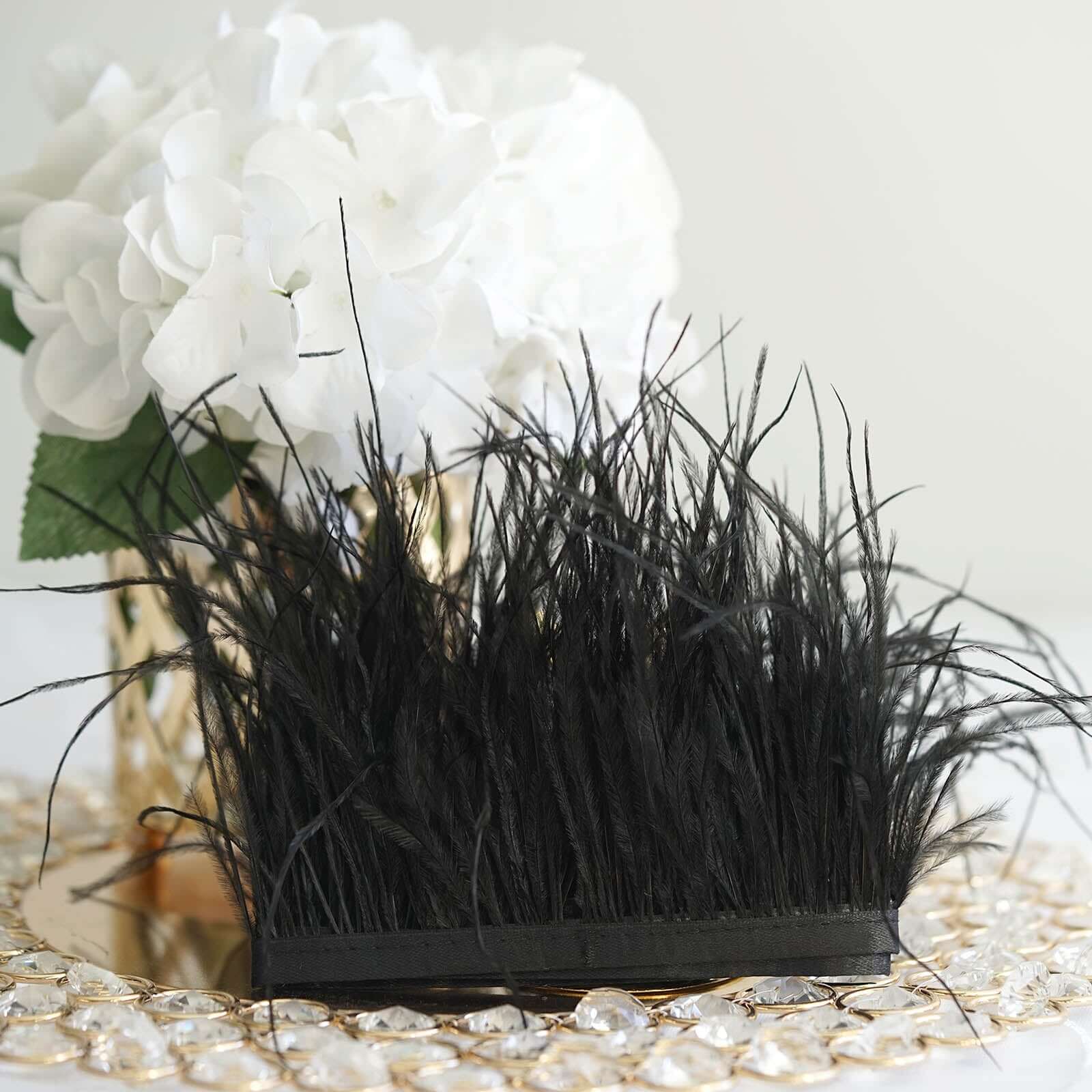 Black Real Ostrich Feather Fringe Trim With Satin Ribbon Tape 39" - Image 5