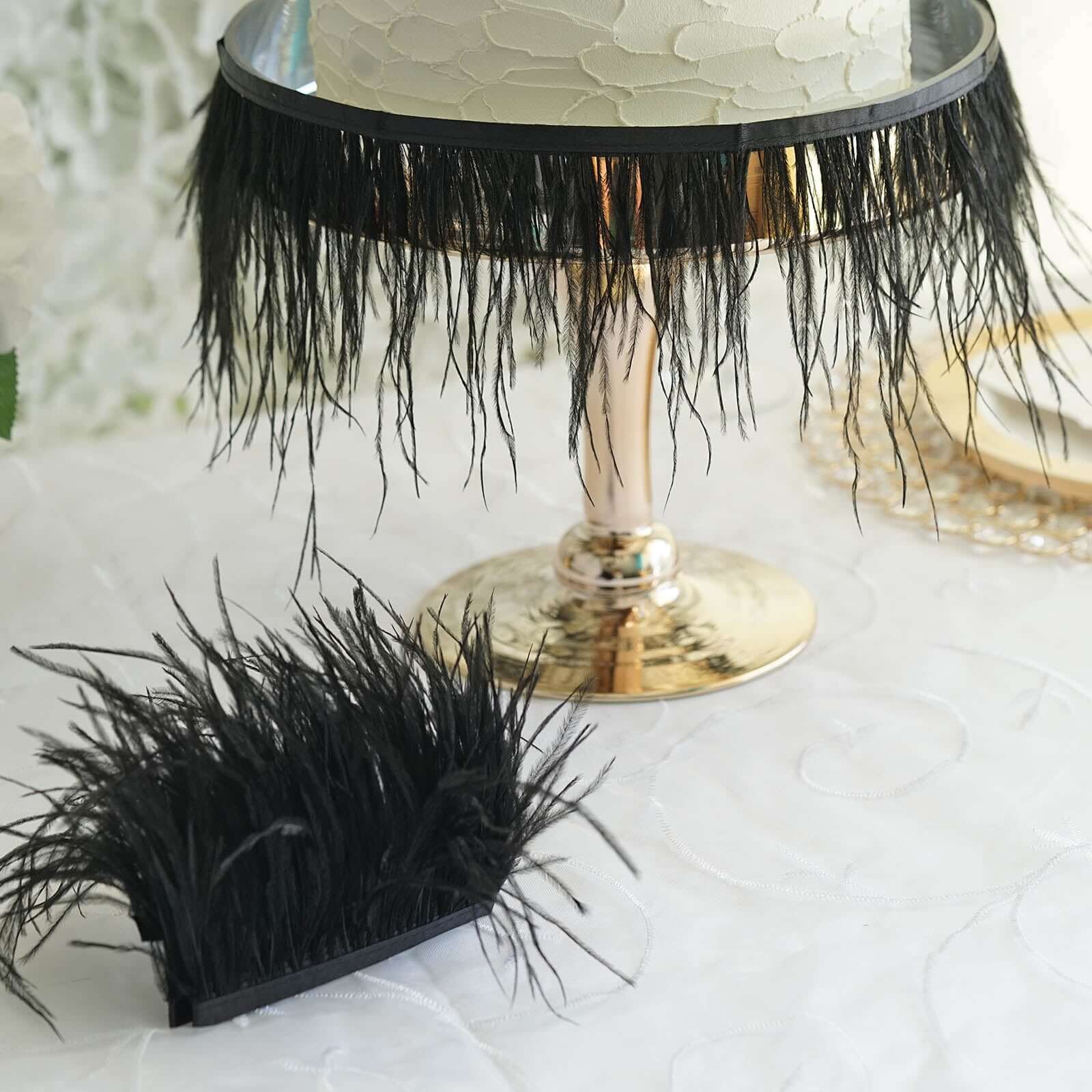 Black Real Ostrich Feather Fringe Trim With Satin Ribbon Tape 39" - Image 8