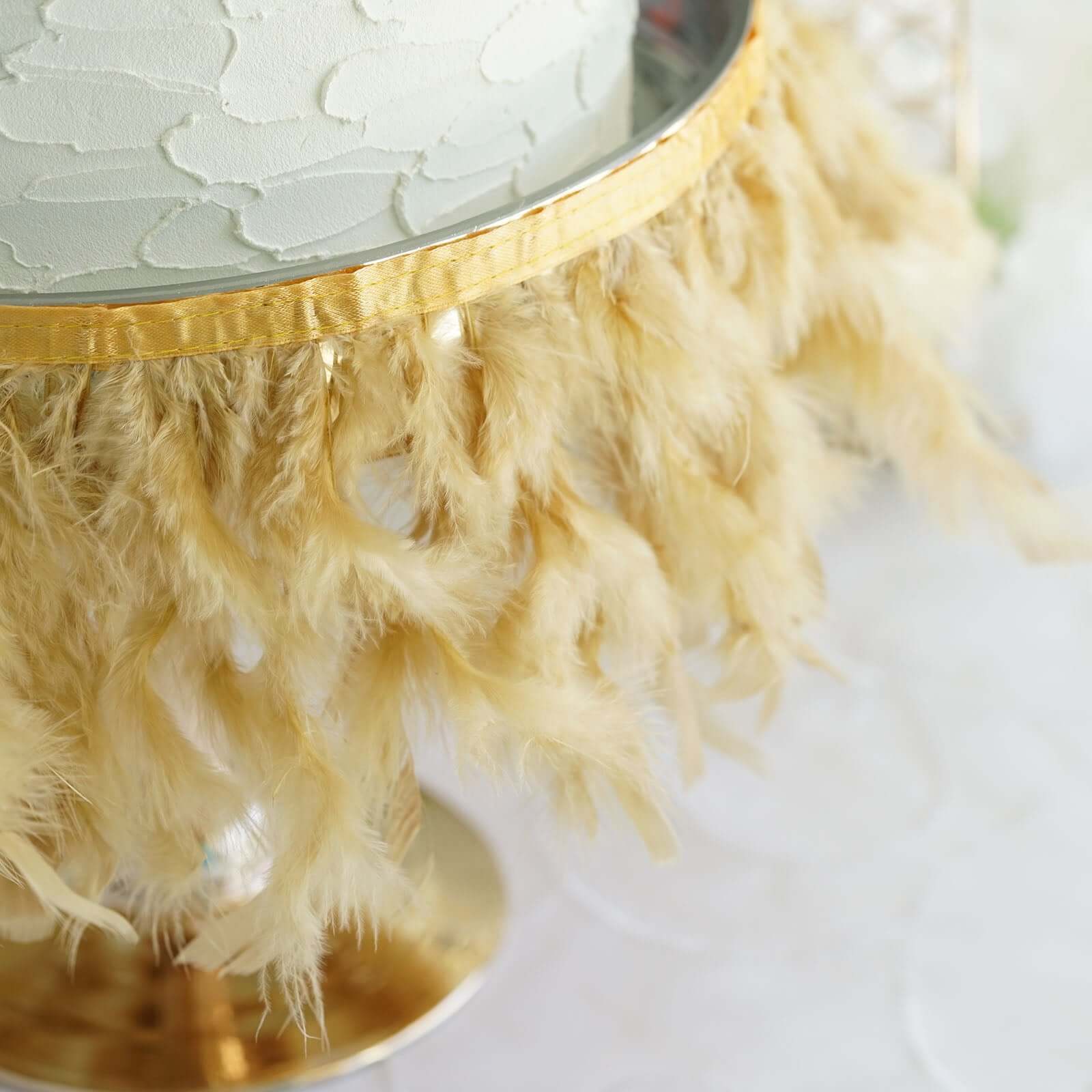 Gold Real Turkey Feather Fringe Trim With Satin Ribbon Tape 39" - Image 5
