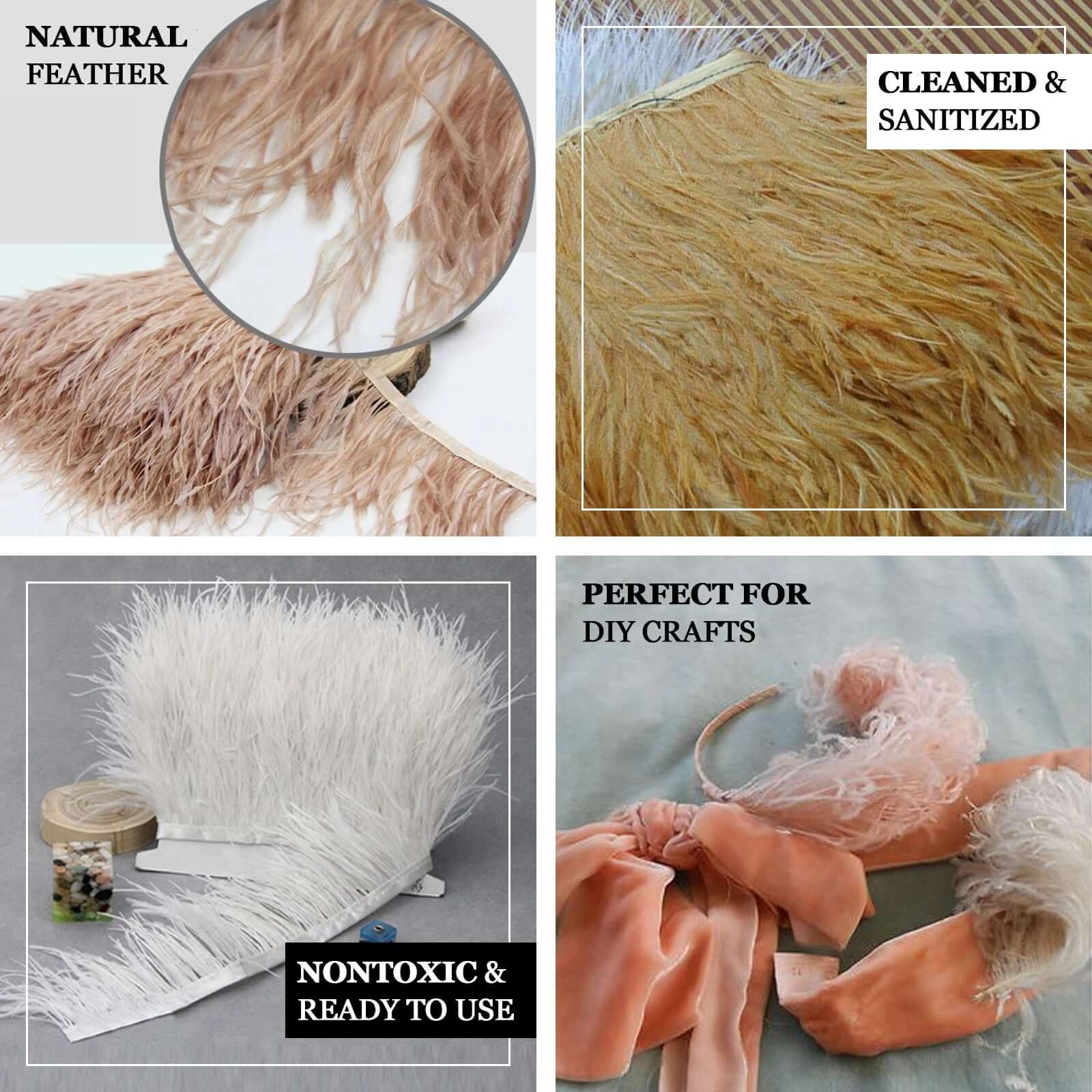 Natural Real Turkey Feather Fringe Trim With Satin Ribbon Tape 39" - Image 3