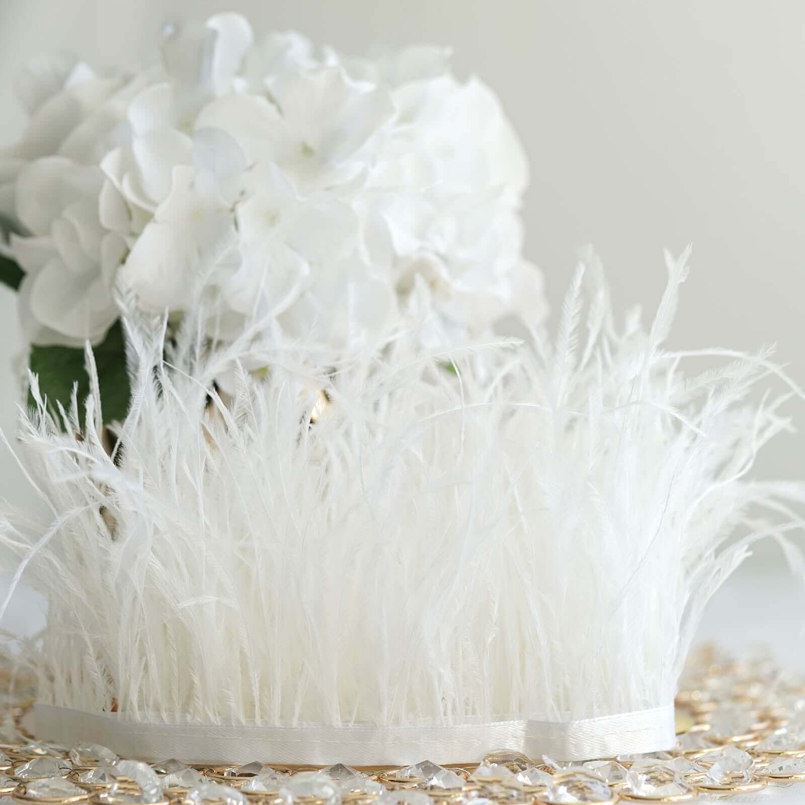 White Real Ostrich Feather Fringe Trim With Satin Ribbon Tape 39" - Image 5