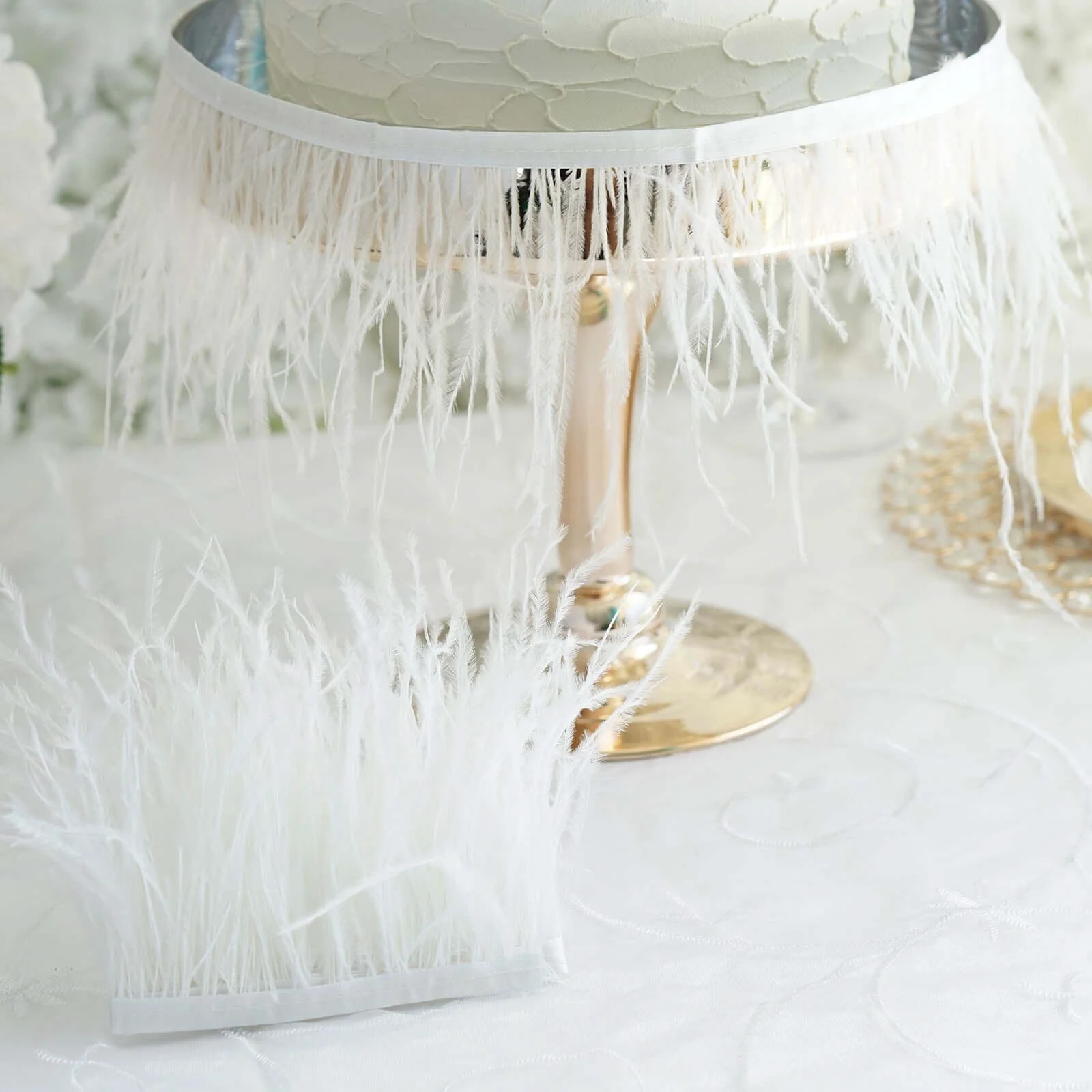 White Real Ostrich Feather Fringe Trim With Satin Ribbon Tape 39" - Image 8