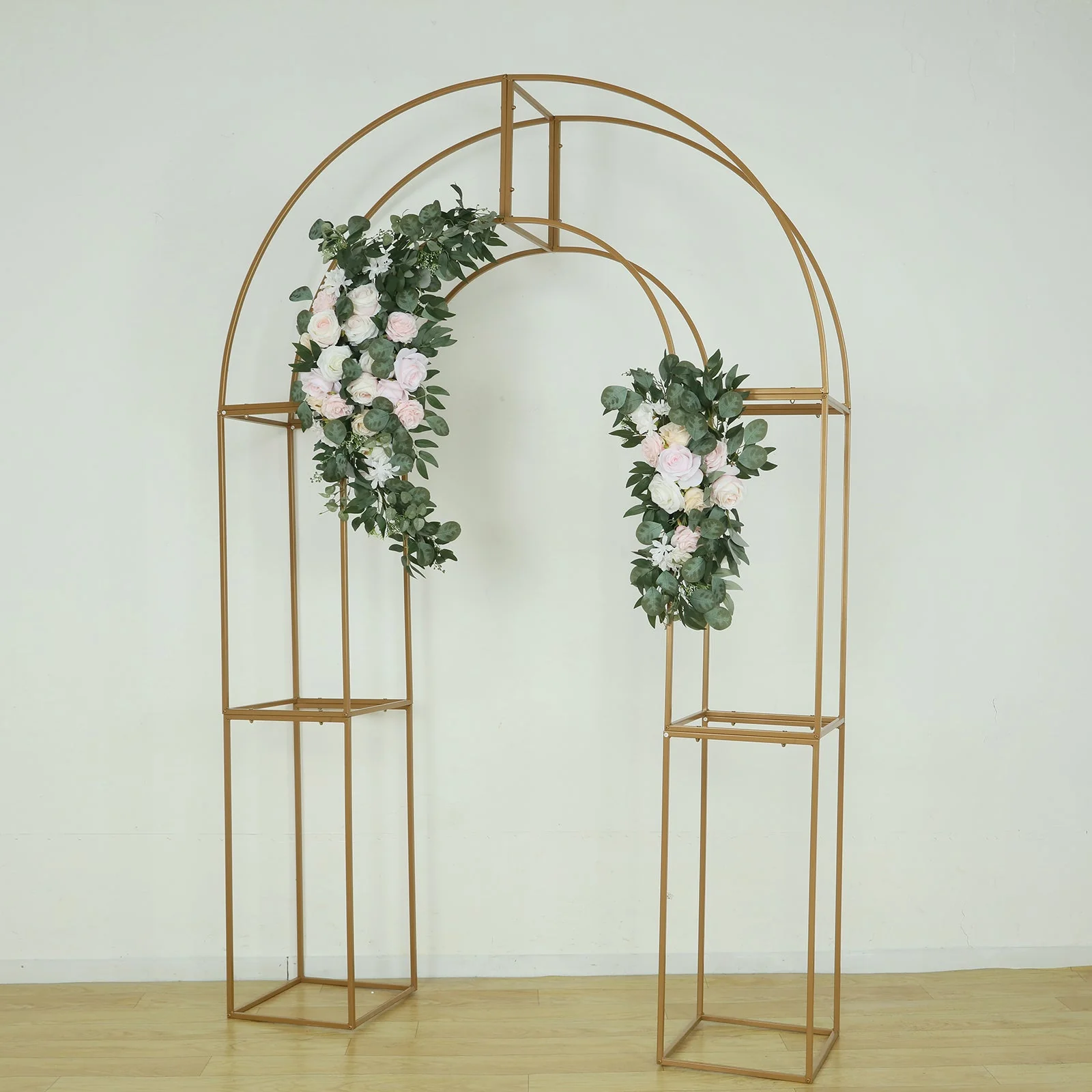 3D Gold Metal Wedding Arch Backdrop Stand with Round Top, Heavy-Duty Floral Balloon Frame for Party Decor - 7.5ft - Image 2