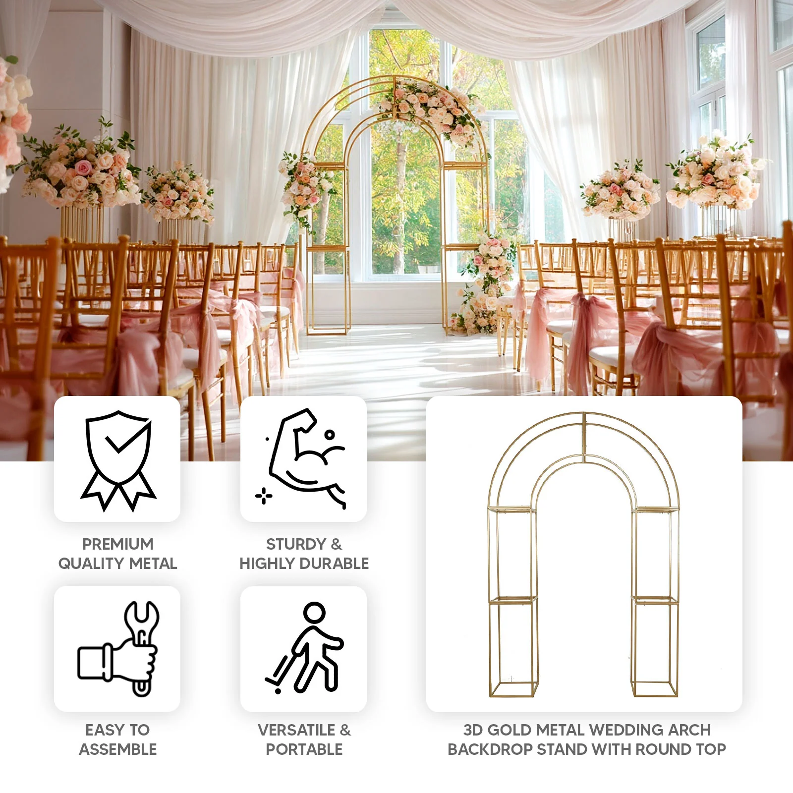 3D Gold Metal Wedding Arch Backdrop Stand with Round Top, Heavy-Duty Floral Balloon Frame for Party Decor - 7.5ft - Image 4