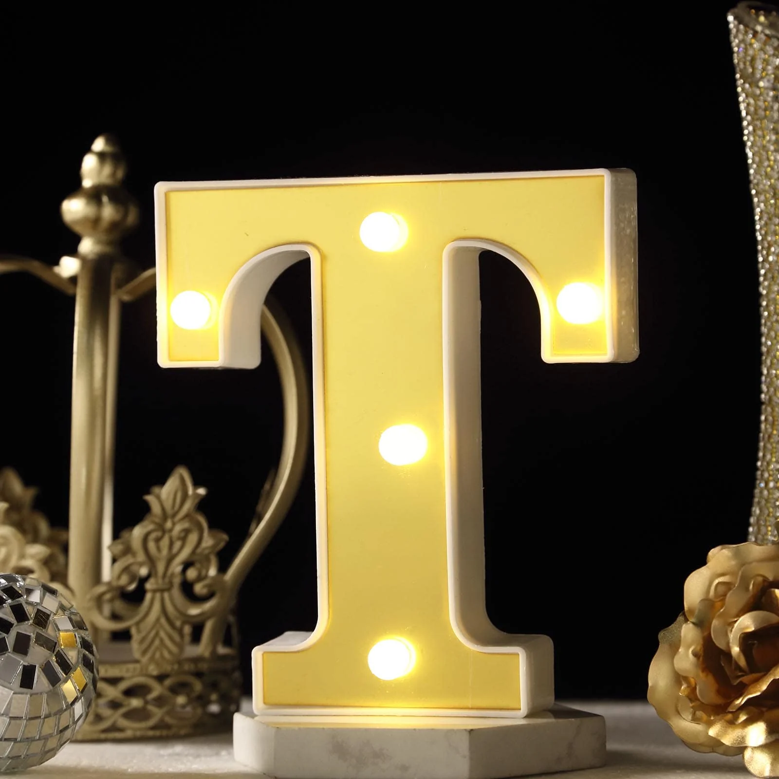 3D Marquee Letter "T" Gold with Warm White 5 LED Lights 6" - Light-Up Accent for Displays