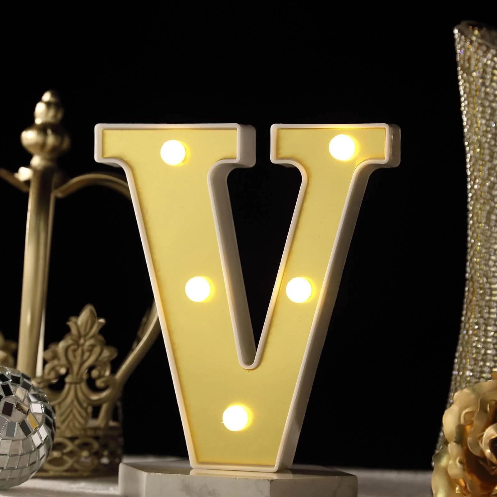 3D Marquee Letter "V" Gold with Warm White 5 LED Lights 6" - Light-Up Accent for Displays - Image 2