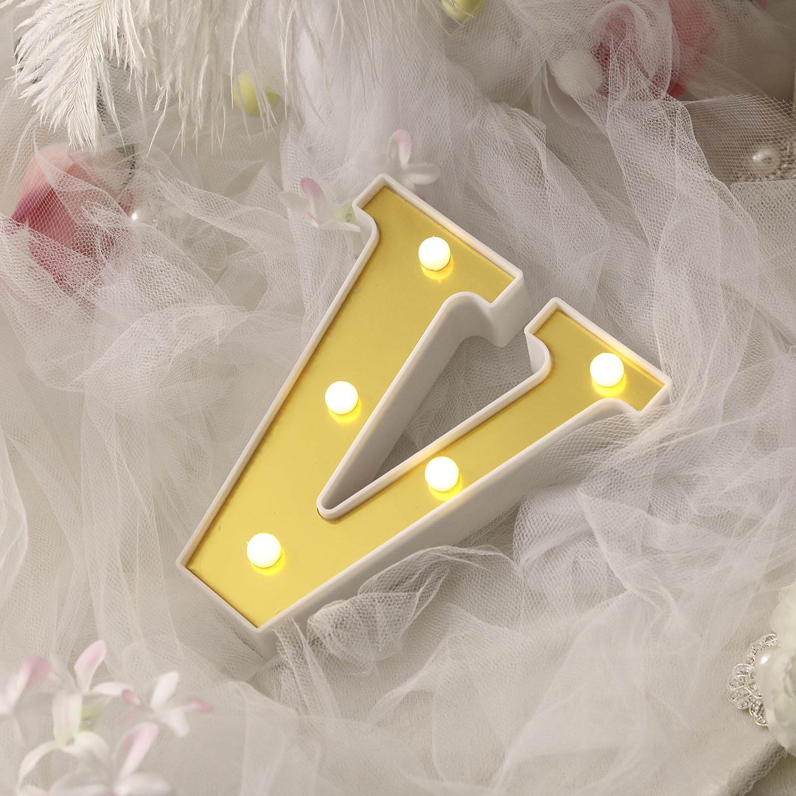 3D Marquee Letter "V" Gold with Warm White 5 LED Lights 6" - Light-Up Accent for Displays - Image 7