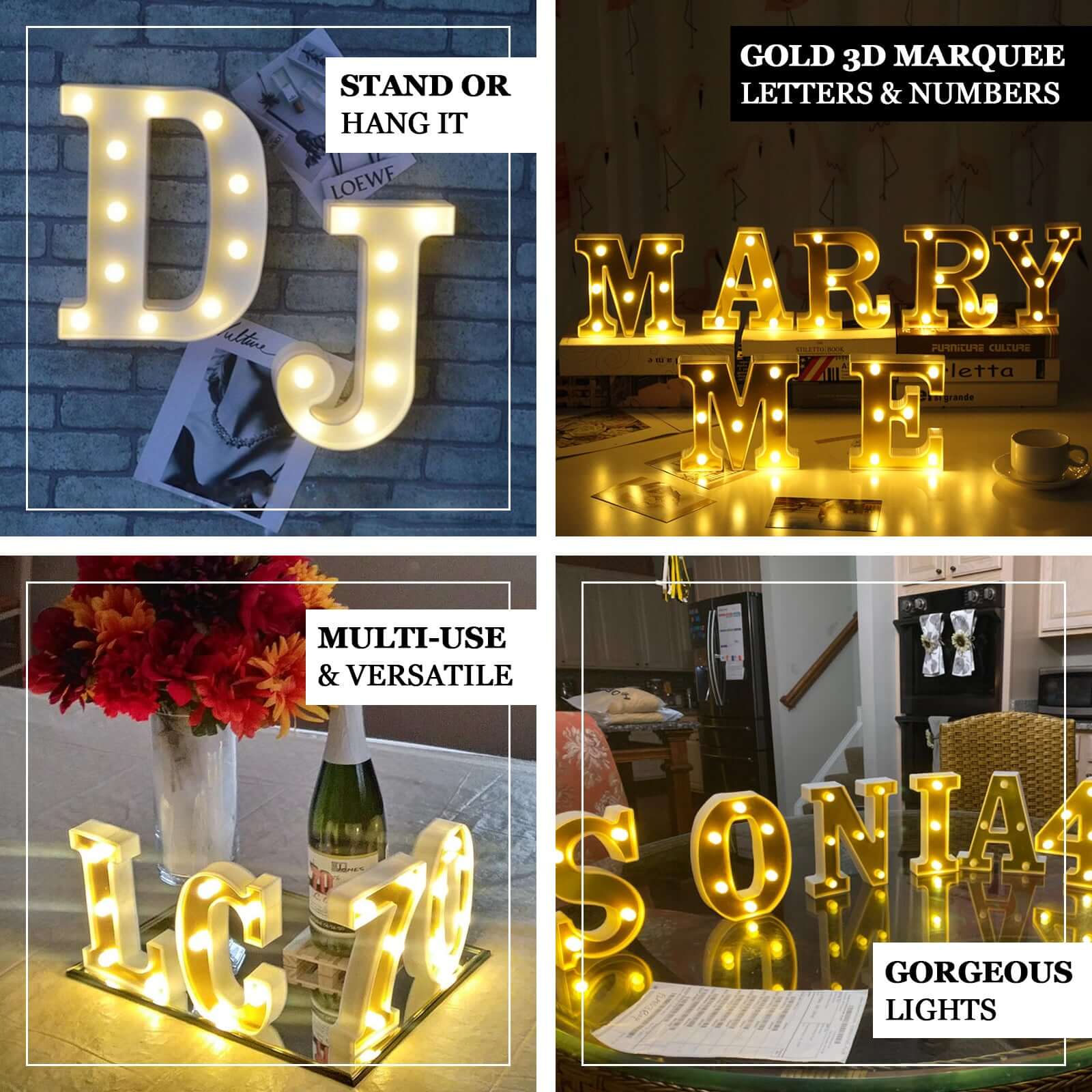 3D Marquee Letter "W" Gold with Warm White 8 LED Lights 6" - Light-Up Accent for Displays - Image 4