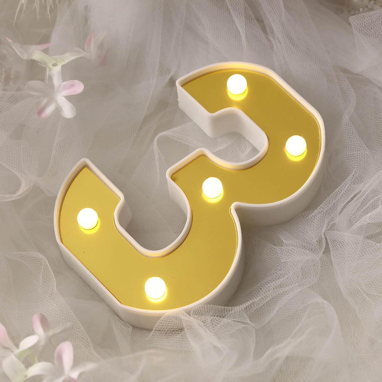 3D Marquee Number "3" Gold with Warm White 5 LED Lights 6" - Light-Up Decor for Weddings - Image 2